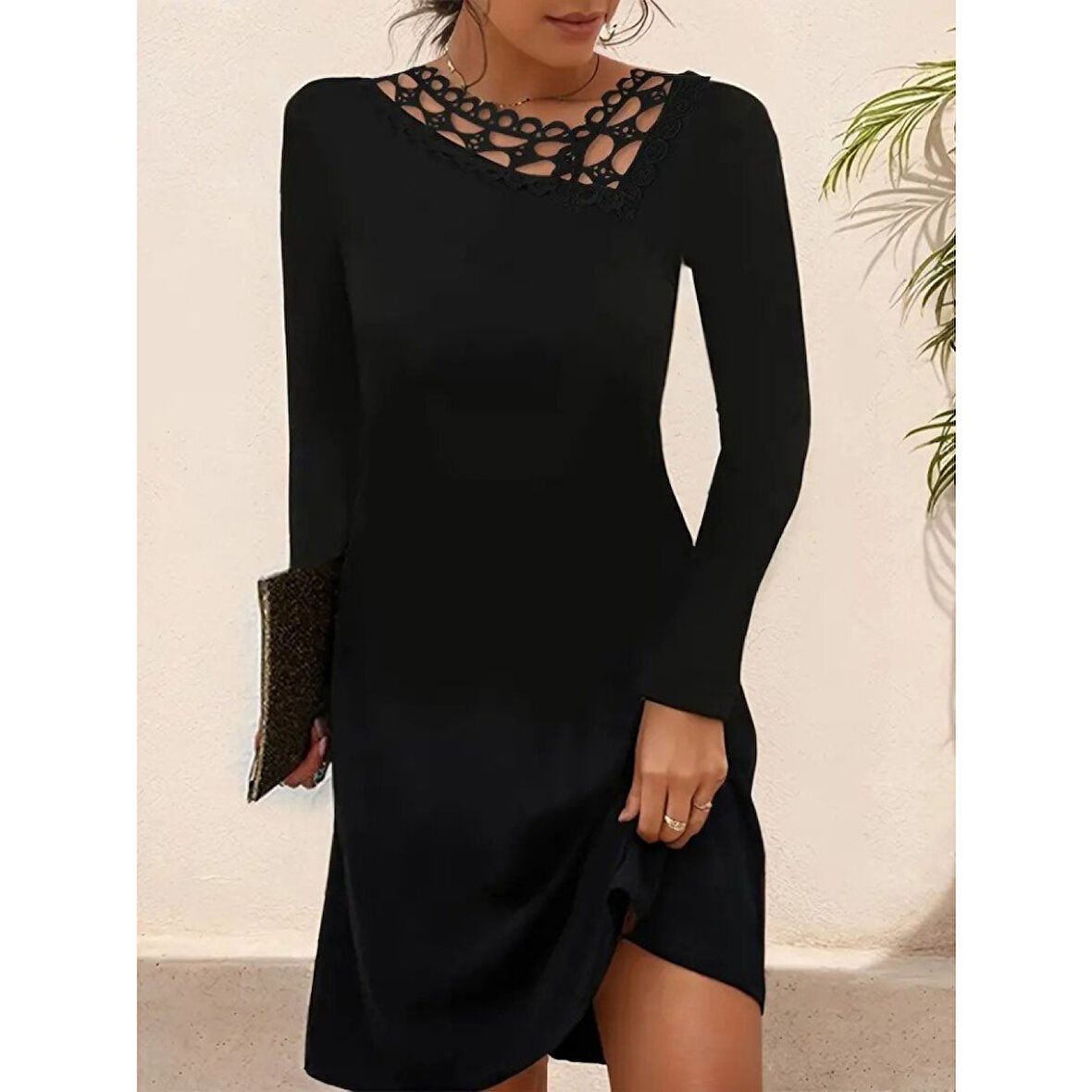 Lucky Life Kadın Uzun Kollu Dantel Yaka Ithal Krep Mini Elbise