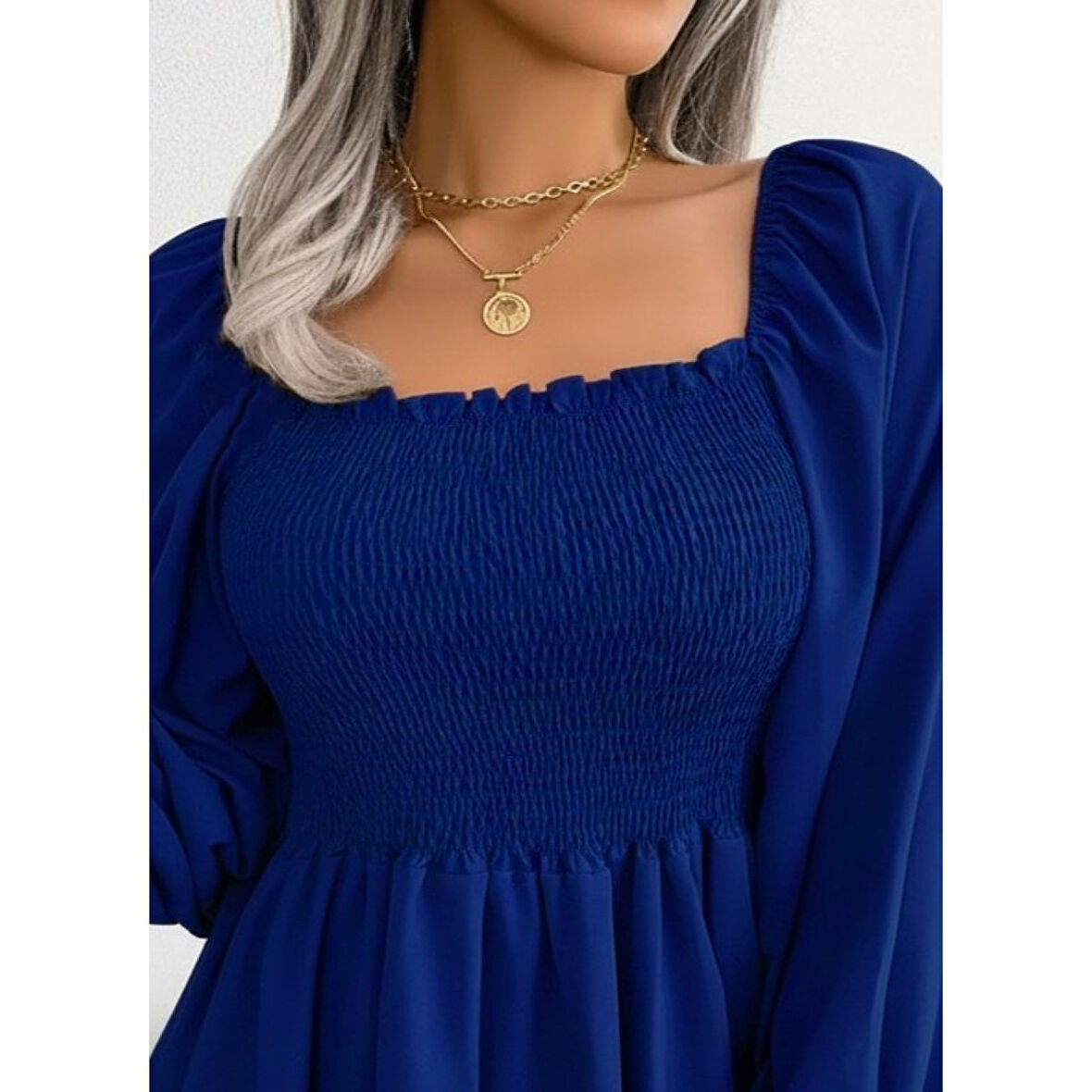 Lucky Life Kadın Uzun Kollu Geometrik Yakalı Gipe Detaylı Krep Bluz