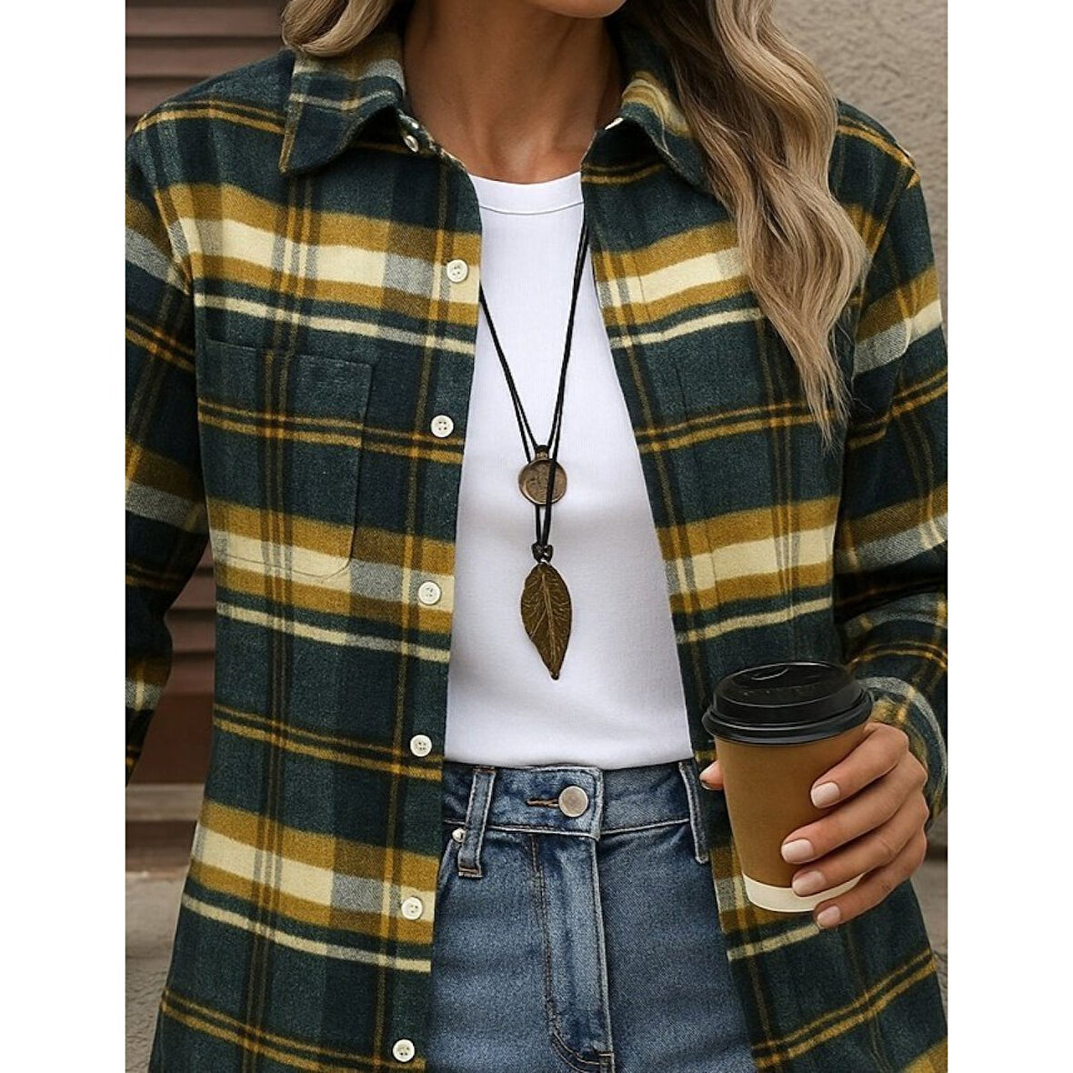 Lucky Life Kadın Uzun Kollu Kare Desenli önden Düğmeli Dokuma Gömlek