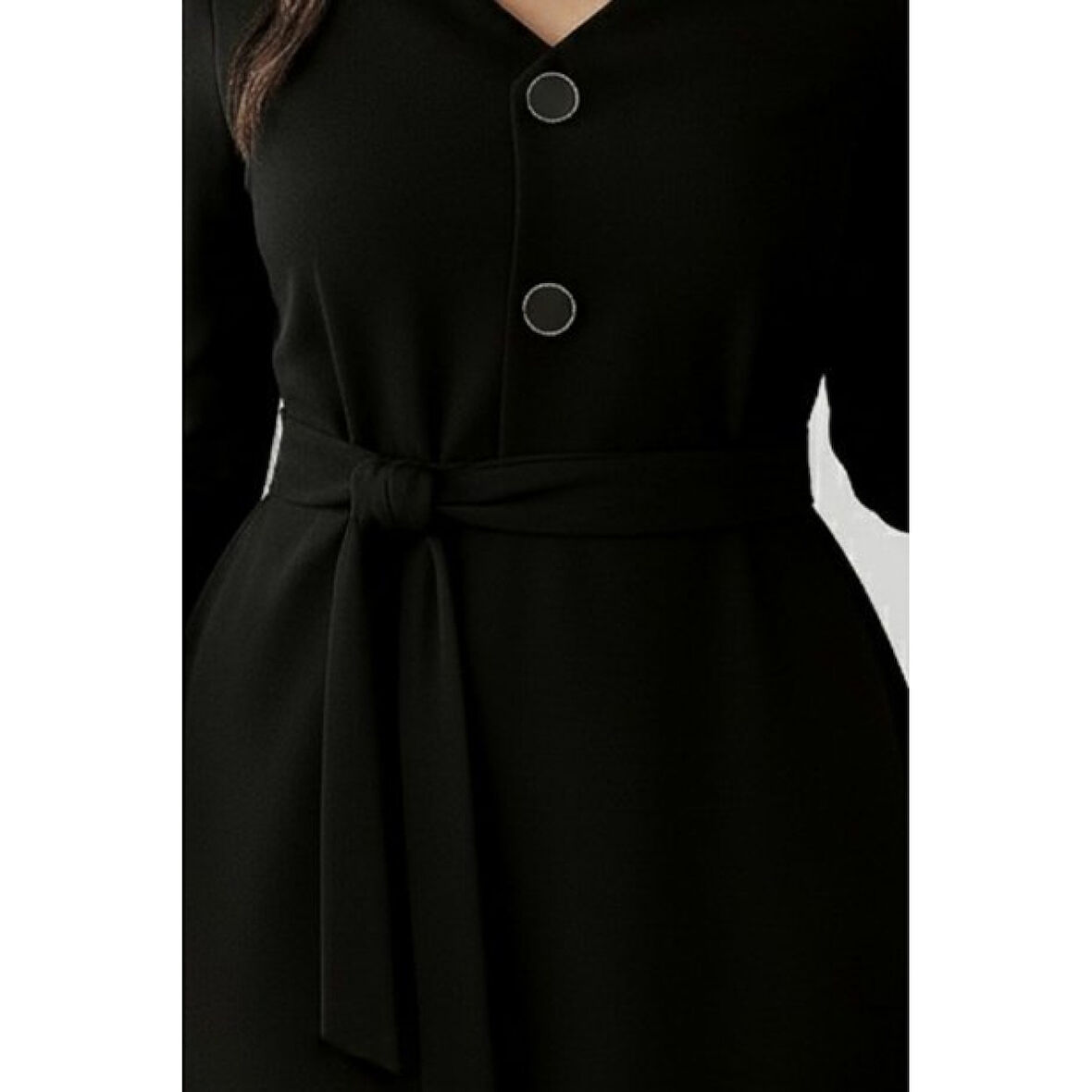 Lucky Life Kadın Uzun Kollu Düğme Detaylı Kendinden Kemerli Ithal Krep Elbise