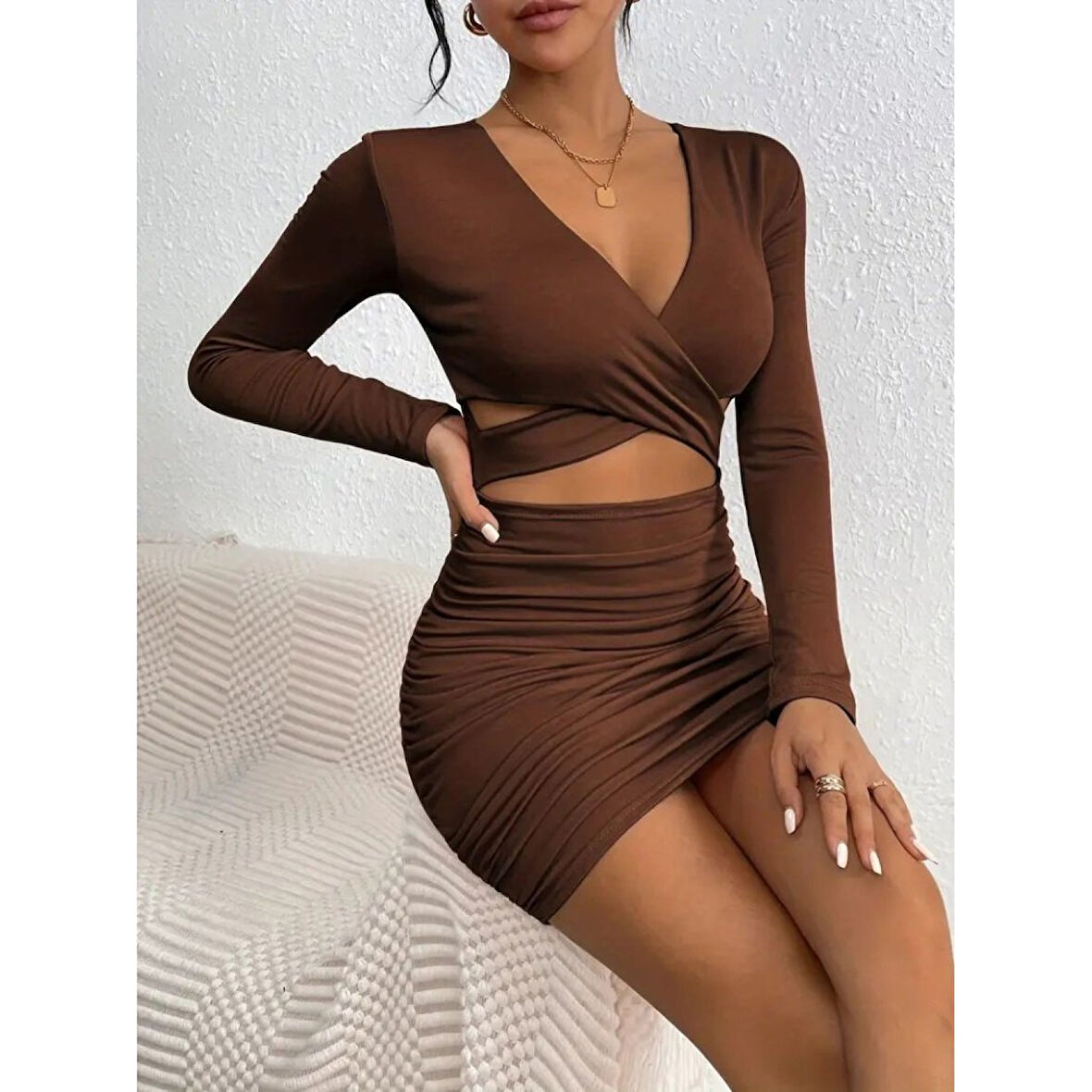 Lucky Life Kadın Uzun Kollu çapraz Dekolte Detaylı Mini Sandy Elbise