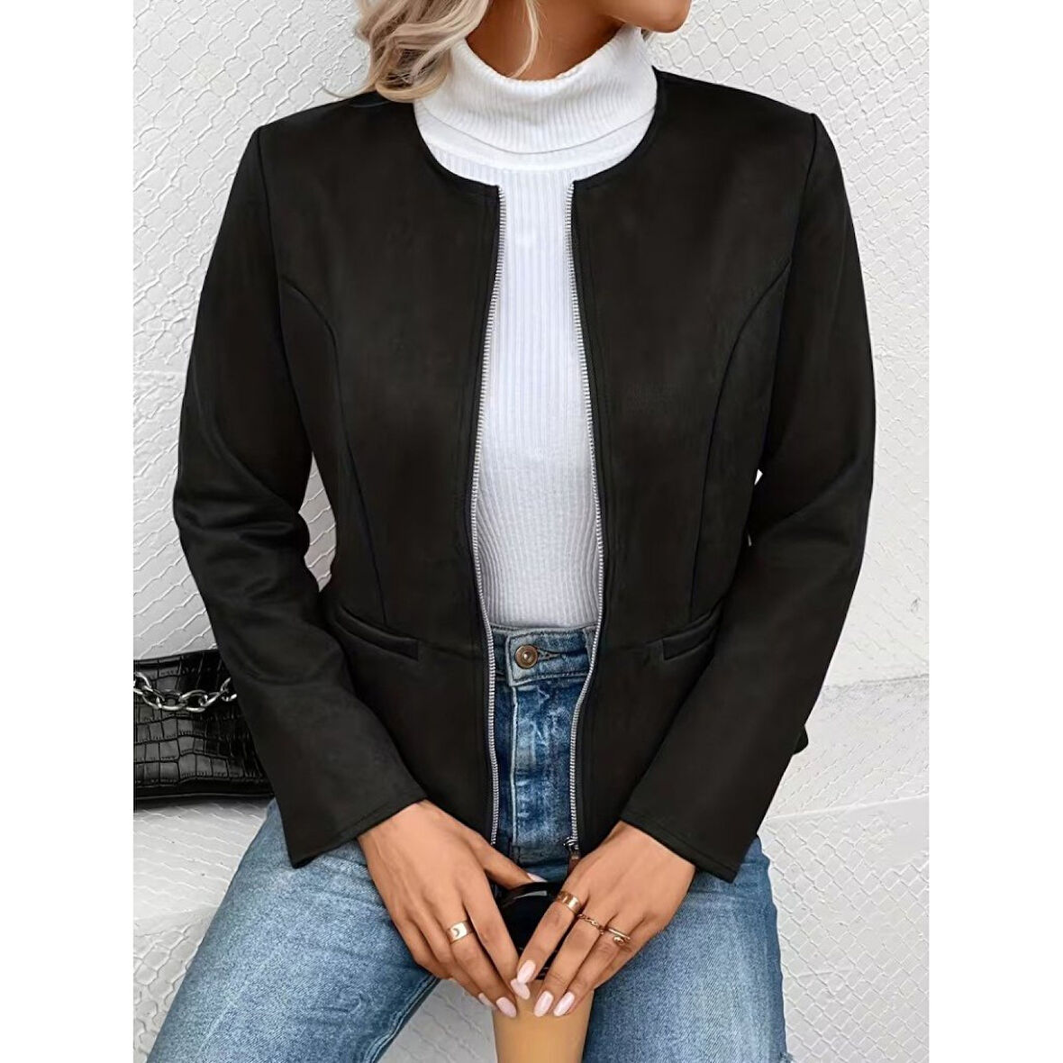 Lucky Life Kadın Uzun Kollu Yuvarlak Yaka önden Fermuarlı Süet Ceket