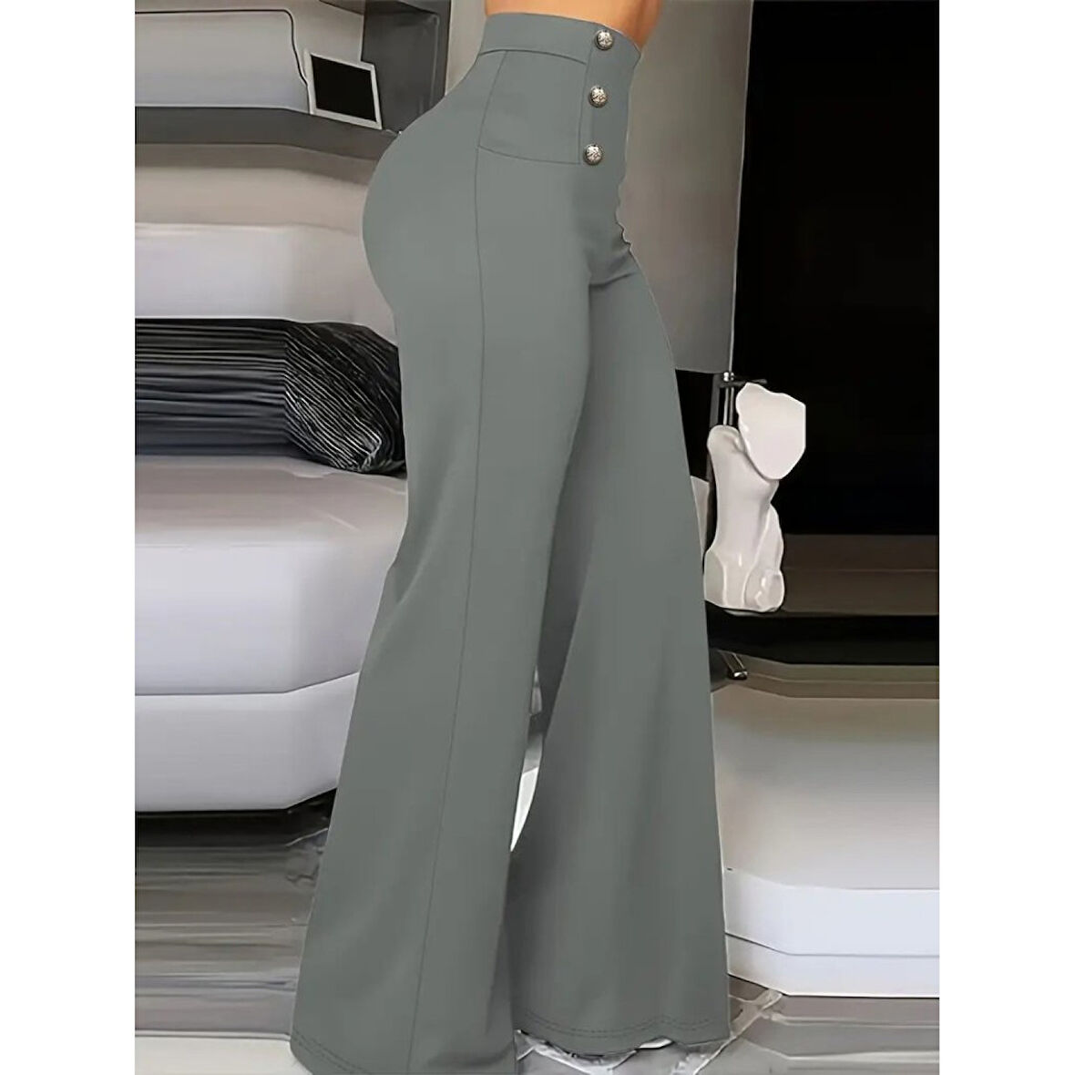 Lucky Life Kadın Yüksek Bel önden Düğmeli Uzun Paçaya Doğru Geniş Ithal Krep Pantolon