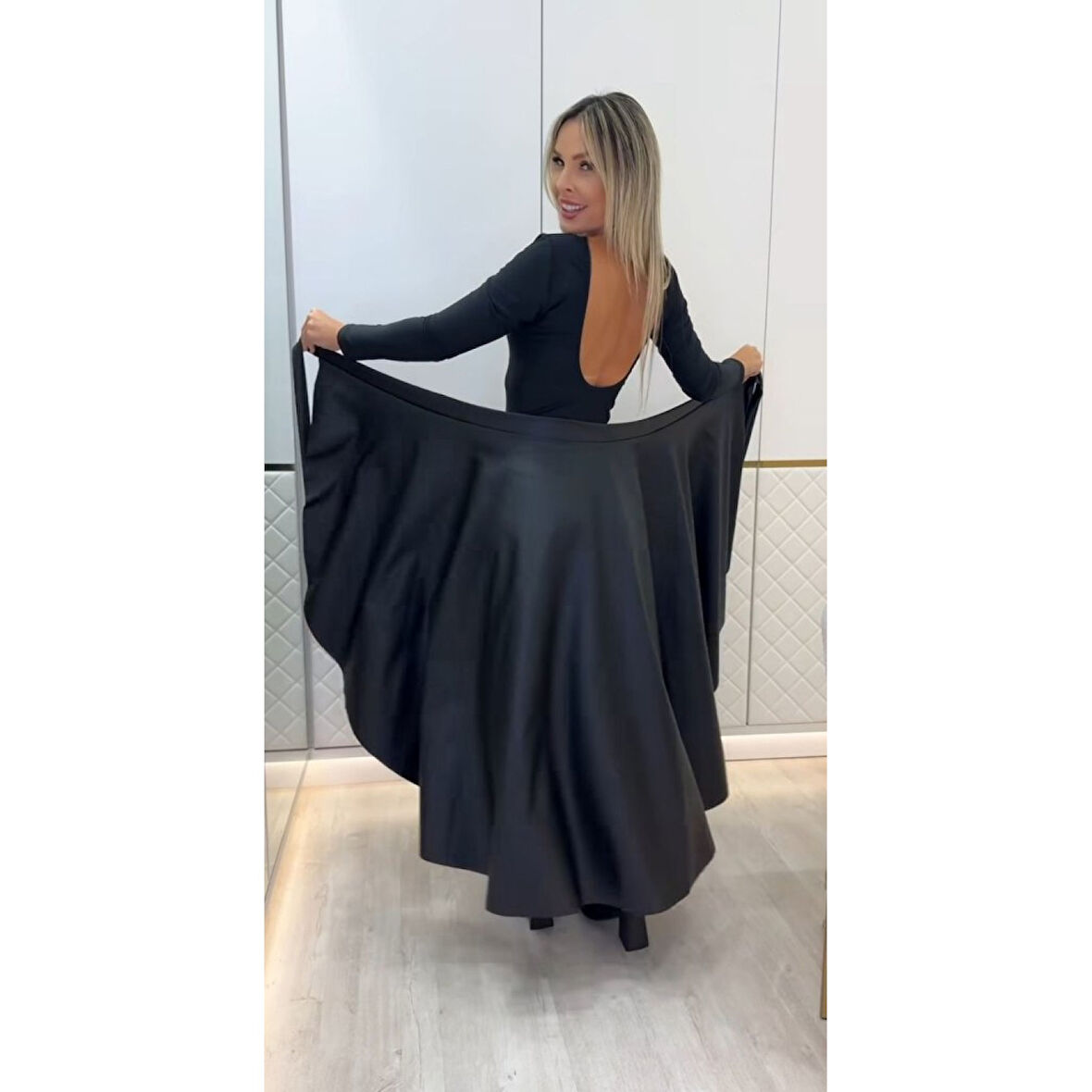 Lucky Life Kadın Belden Kuşaklı Uzun Deri Etek