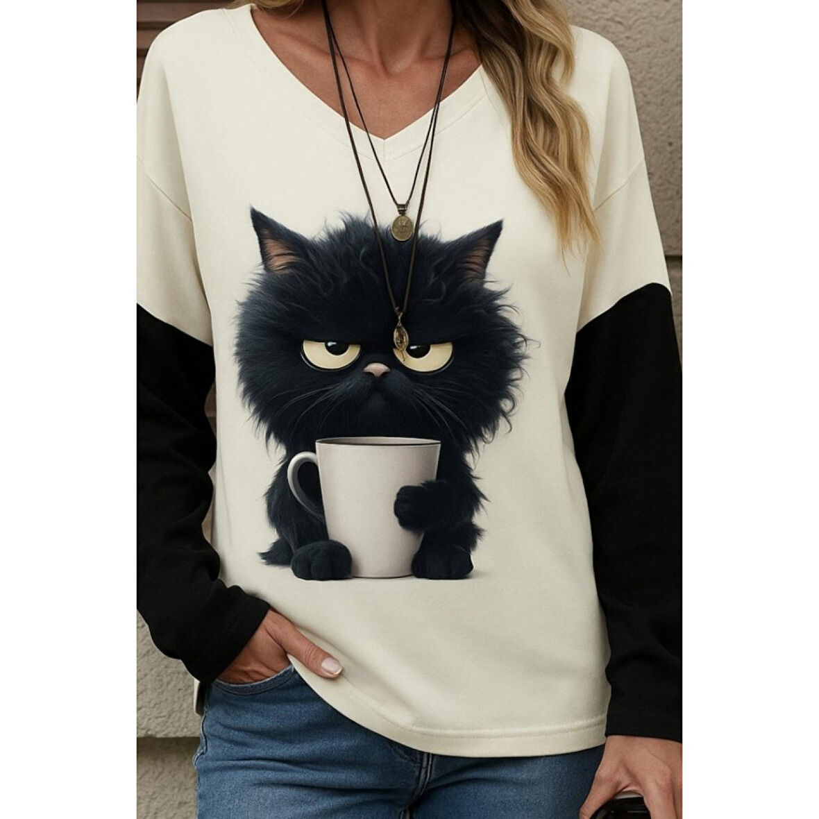 Lucky Life Kadın Uzun Kollu V Yakalı Kedi Baskılı şardonlu Dalgıç Bluz