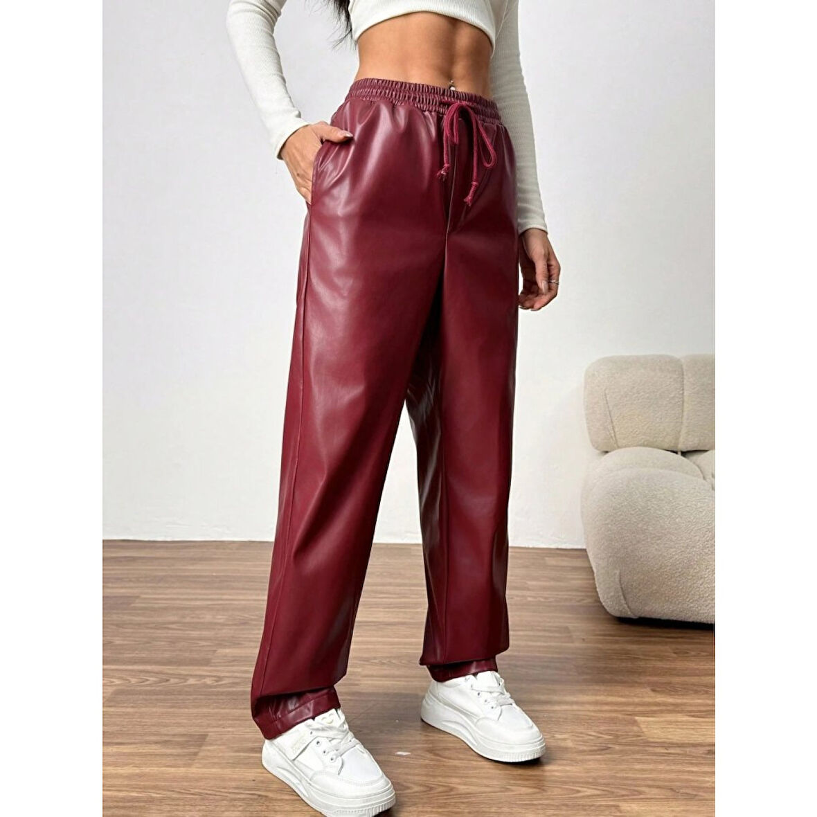 Lucky Life Kadın Yüksel Bel Bağcıklı Deri Pantolon