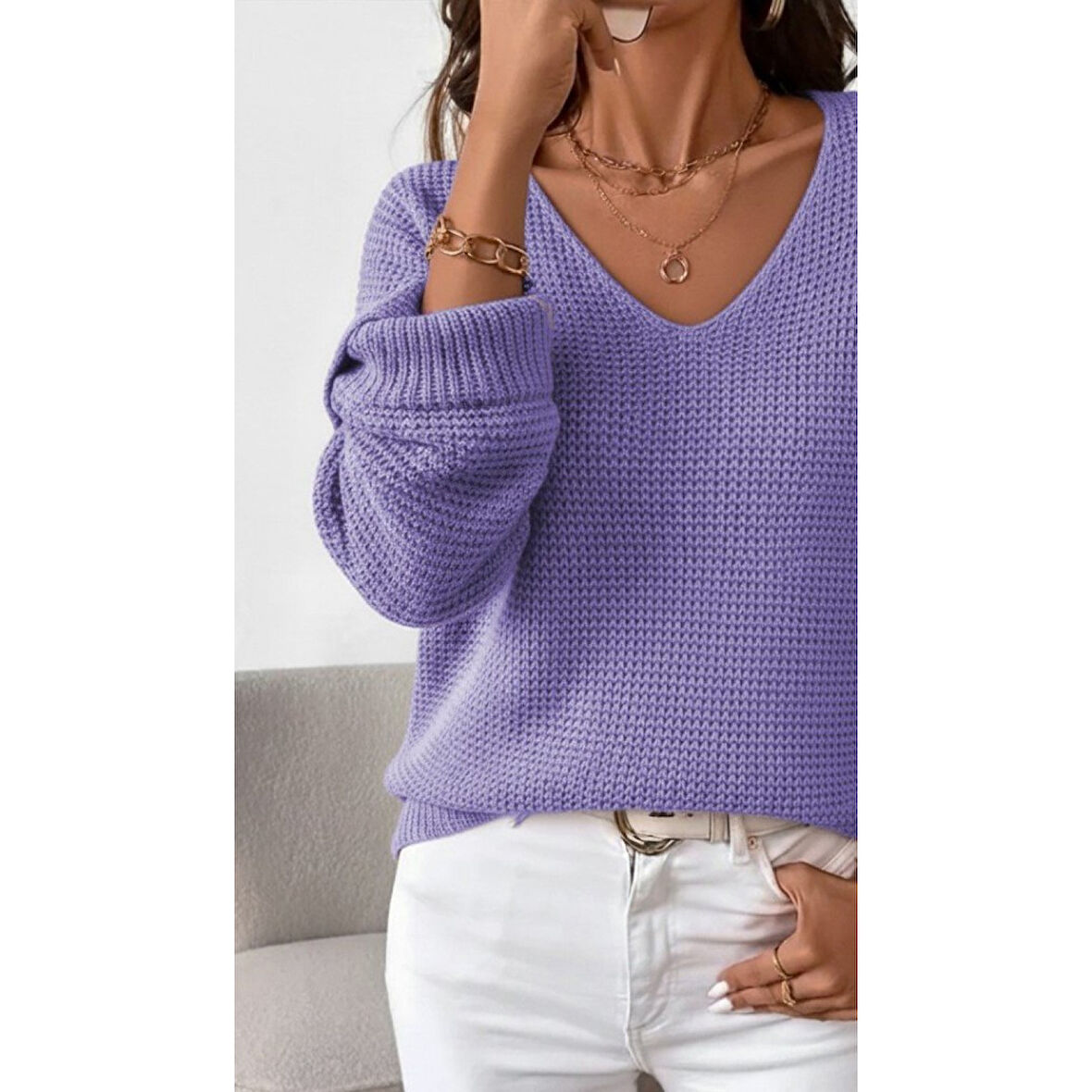 Lucky Life Kadın Uzun Kollu V Yakalı Düğmeli Triko Bluz