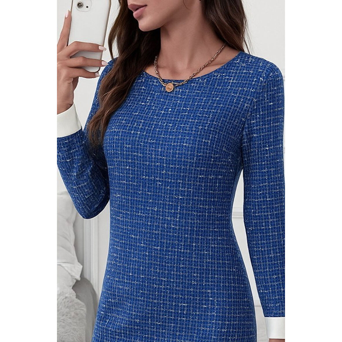 Lucky Life Kadın Uzun Kollu Yuvarlak Yaka Etek Ucu şerit Detaylı Mini Dokuma Elbise