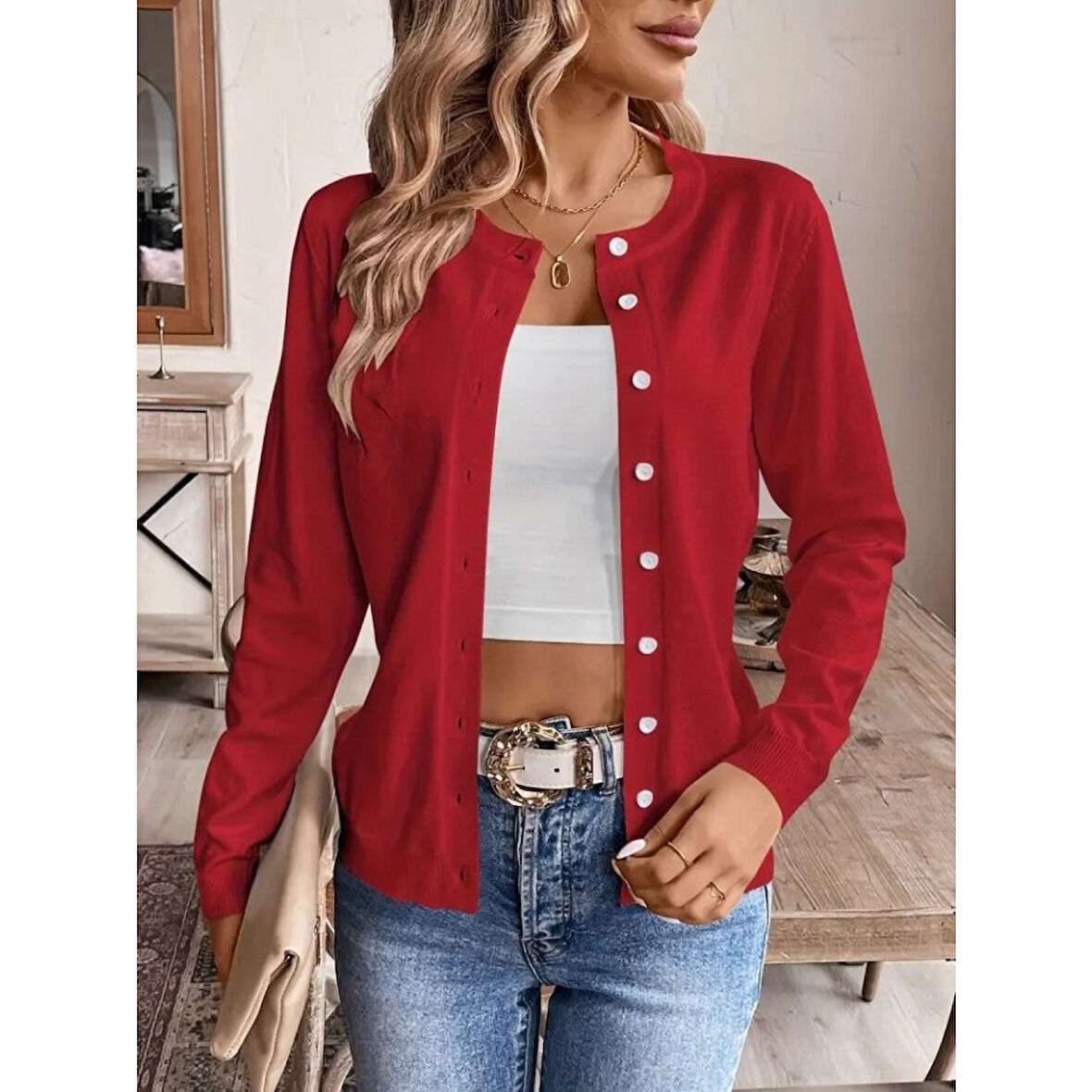 Lucky Life Kadın Uzun Kollu önden Düğmeli Triko Ceket