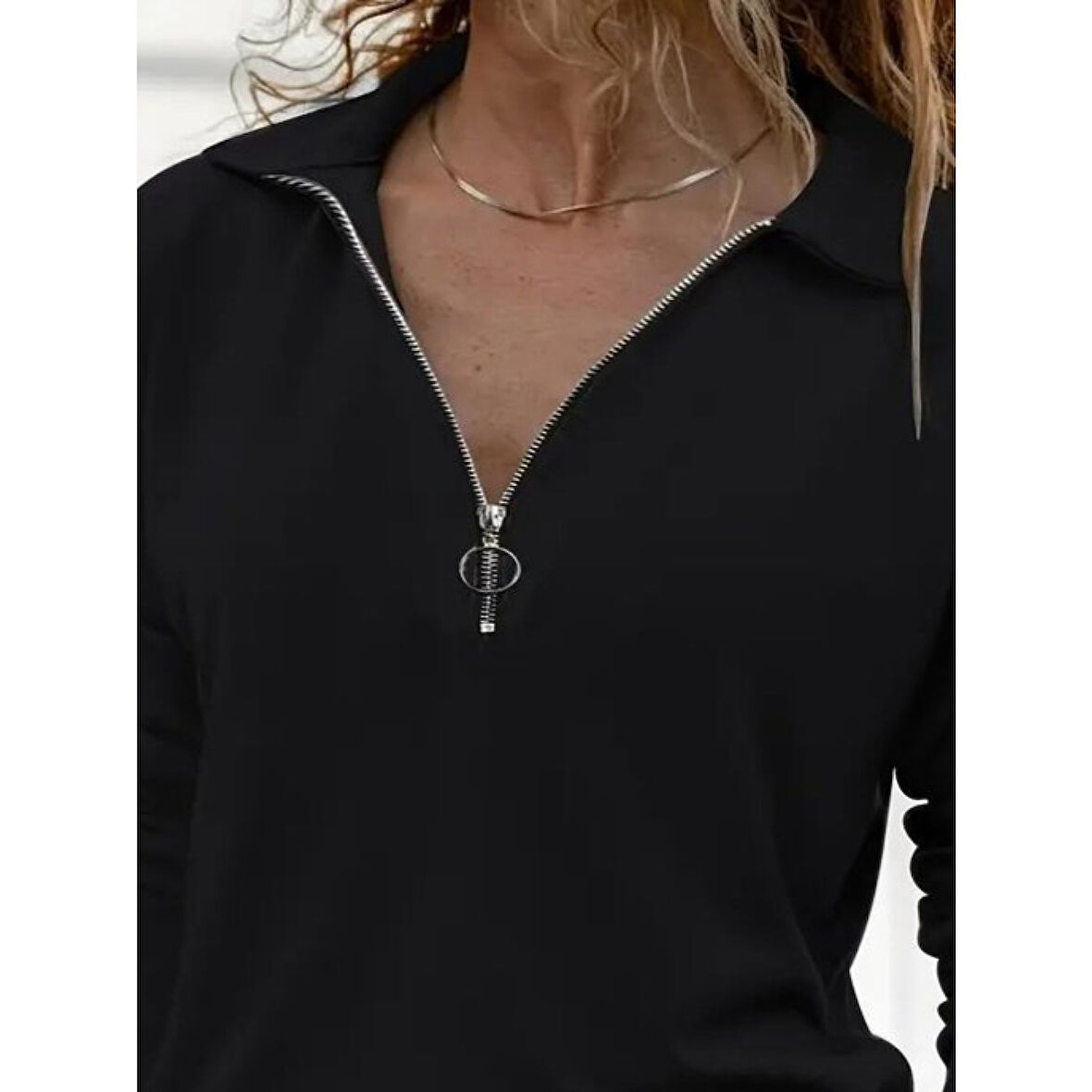 Lucky Life Kadın Uzun Kollu Yakalı Fermuarlı Iki Iplik Bluz