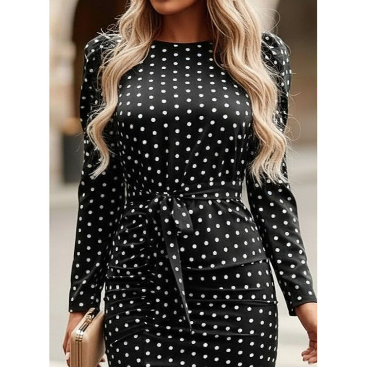 Lucky Life Lucky Life Kadın Uzun Kollu Yuvarlak Yaka Belden Kuşaklı önden Yırtmaçlı örme Krep Elbise