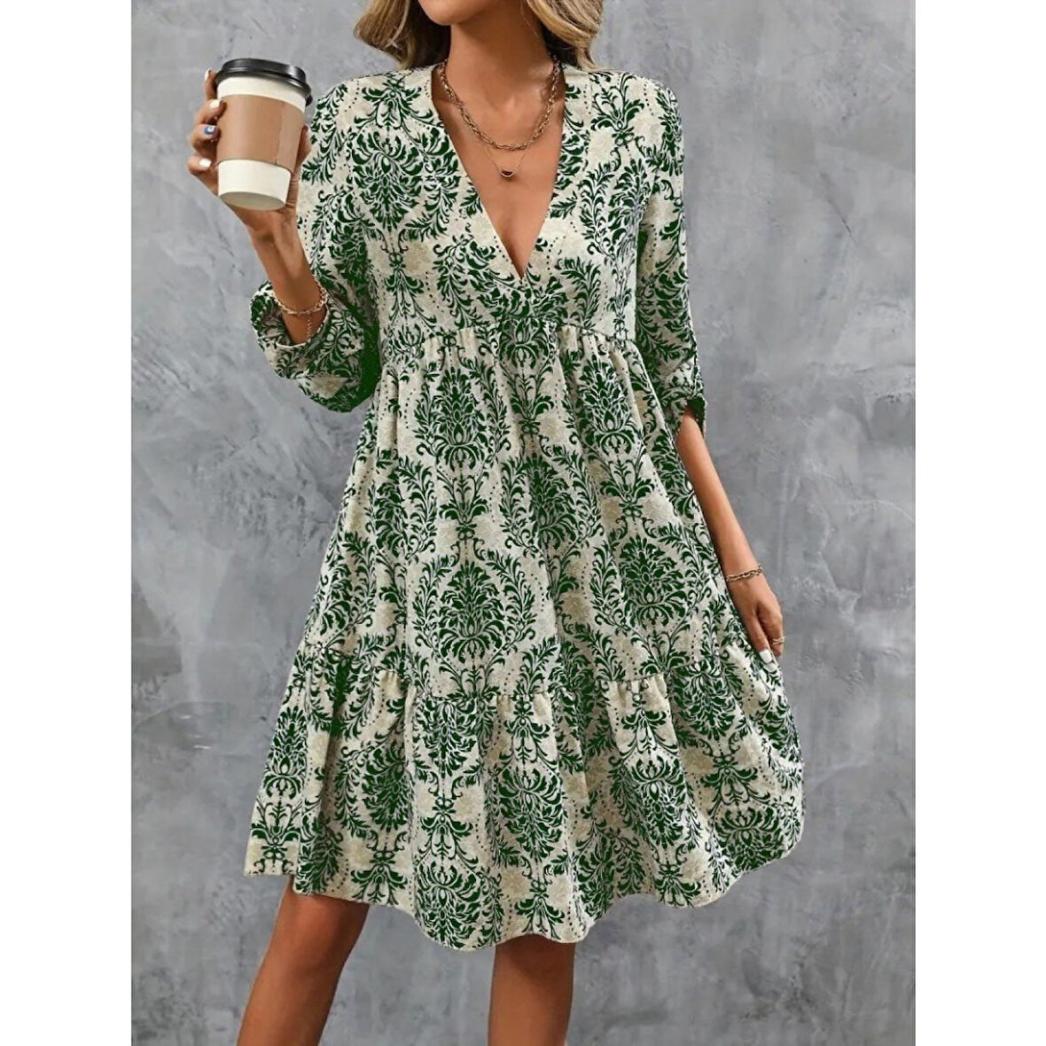 Lucky Life Kadın Uzun Kollu V Yakalı Fırfırlı Mini Süprem Elbise