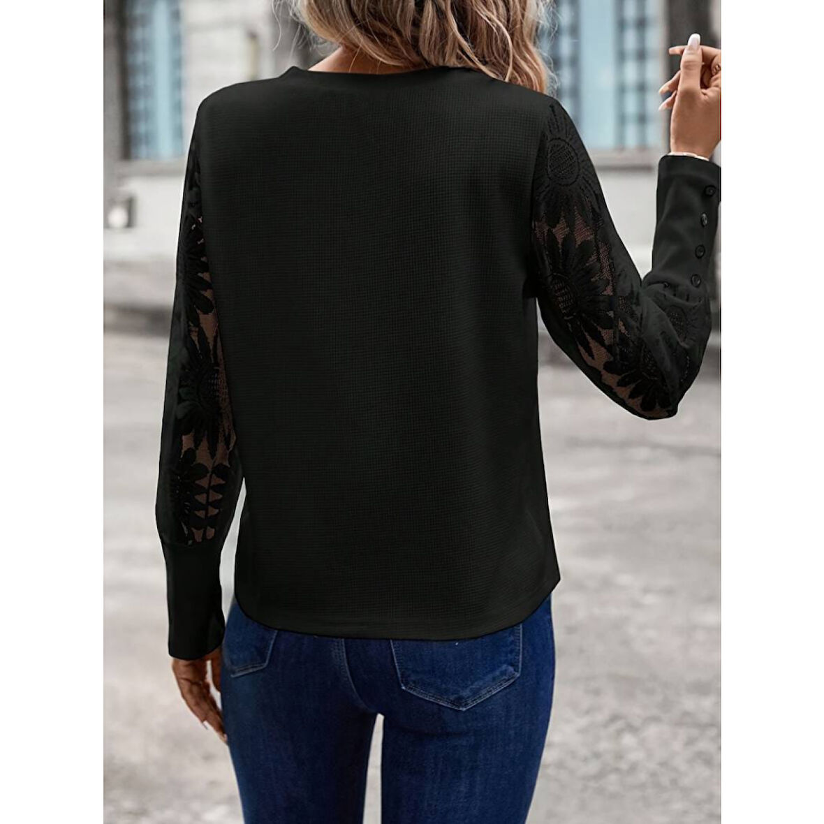 Lucky Life Kadın Uzun Kollu Bisiklet Yaka Kolları çiçekli Waffle Bluz