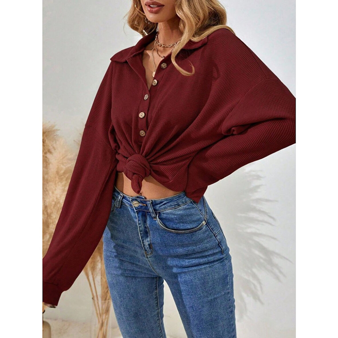 Lucky Life Kadın Uzun Kollu Yakalı Düğmeli Salaş Waffle Bluz