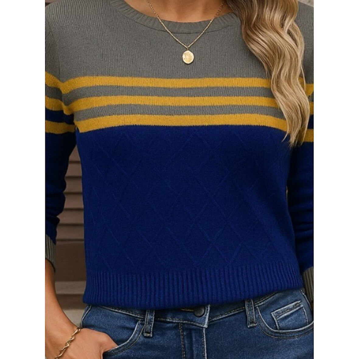 Lucky Life Lucky Life Kadın Uzun Kollu Bisiklet Yaka çok Renkli Triko Bluz