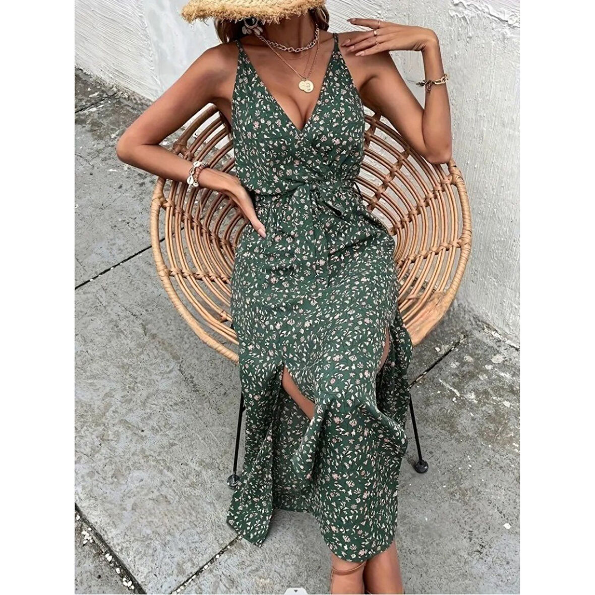 Lucky Life Kadın Ip Askılı Kruvaze Yakalı Yırtmaçlı Uzun Desenli Kuşaklı Süprem Elbise