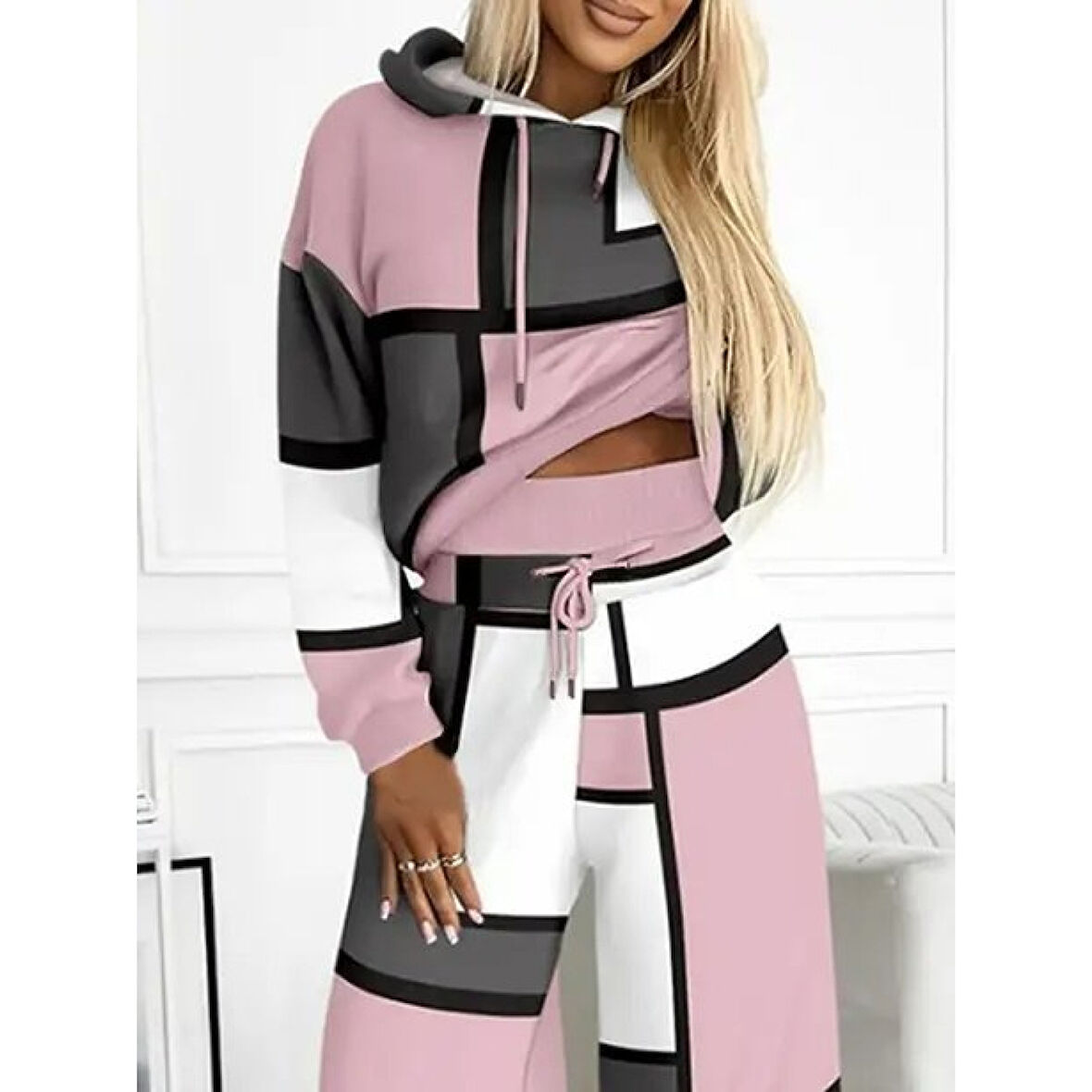 Lucky Life Kadın Uzun Kollu Kapşonlu Bağcıklı Desenli Iki Iplik Bluz Ve Pantolon Ikili Takım