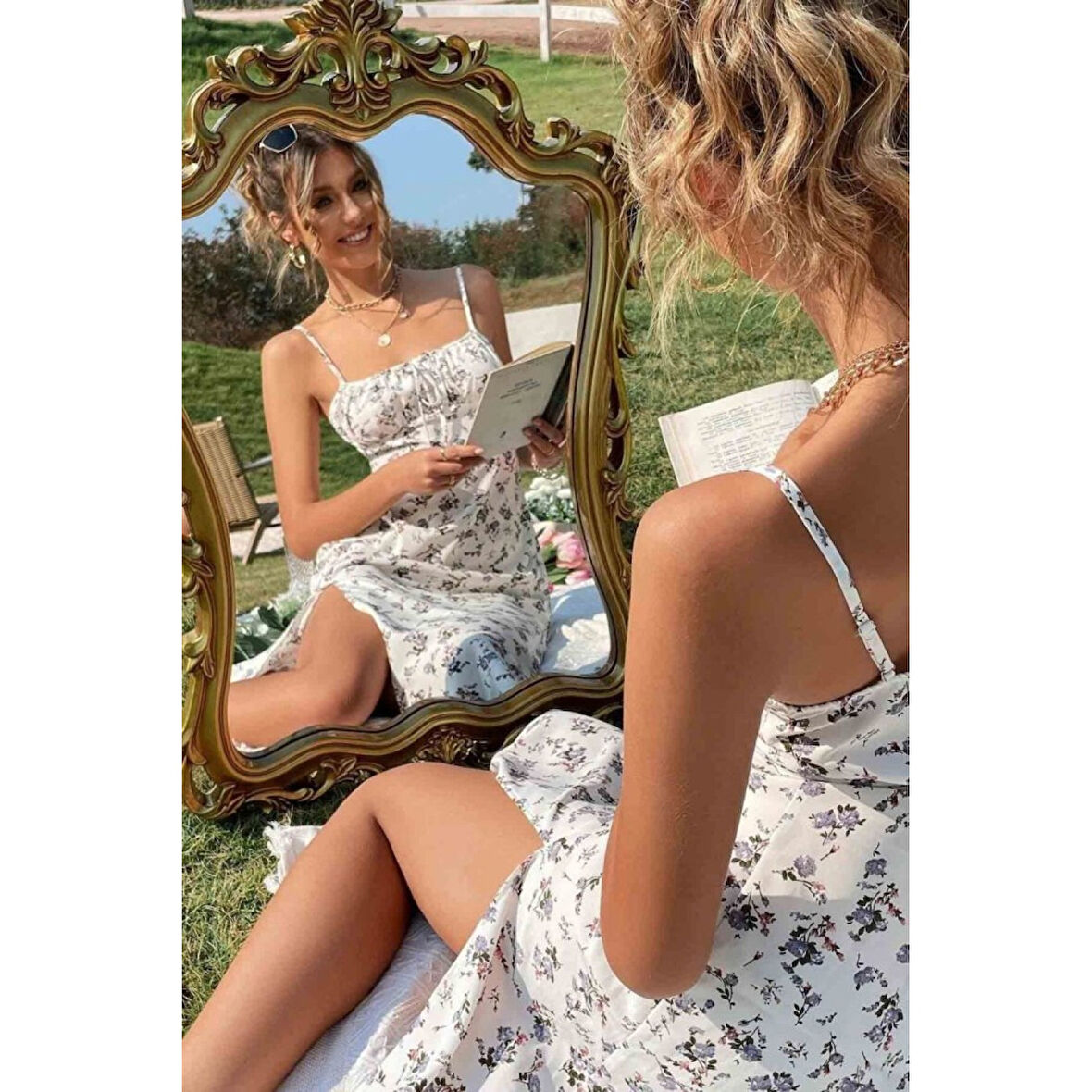 Lucky Life Kadın Ip Askılı Yakadan Bağcıklı Desenli Süprem Elbise