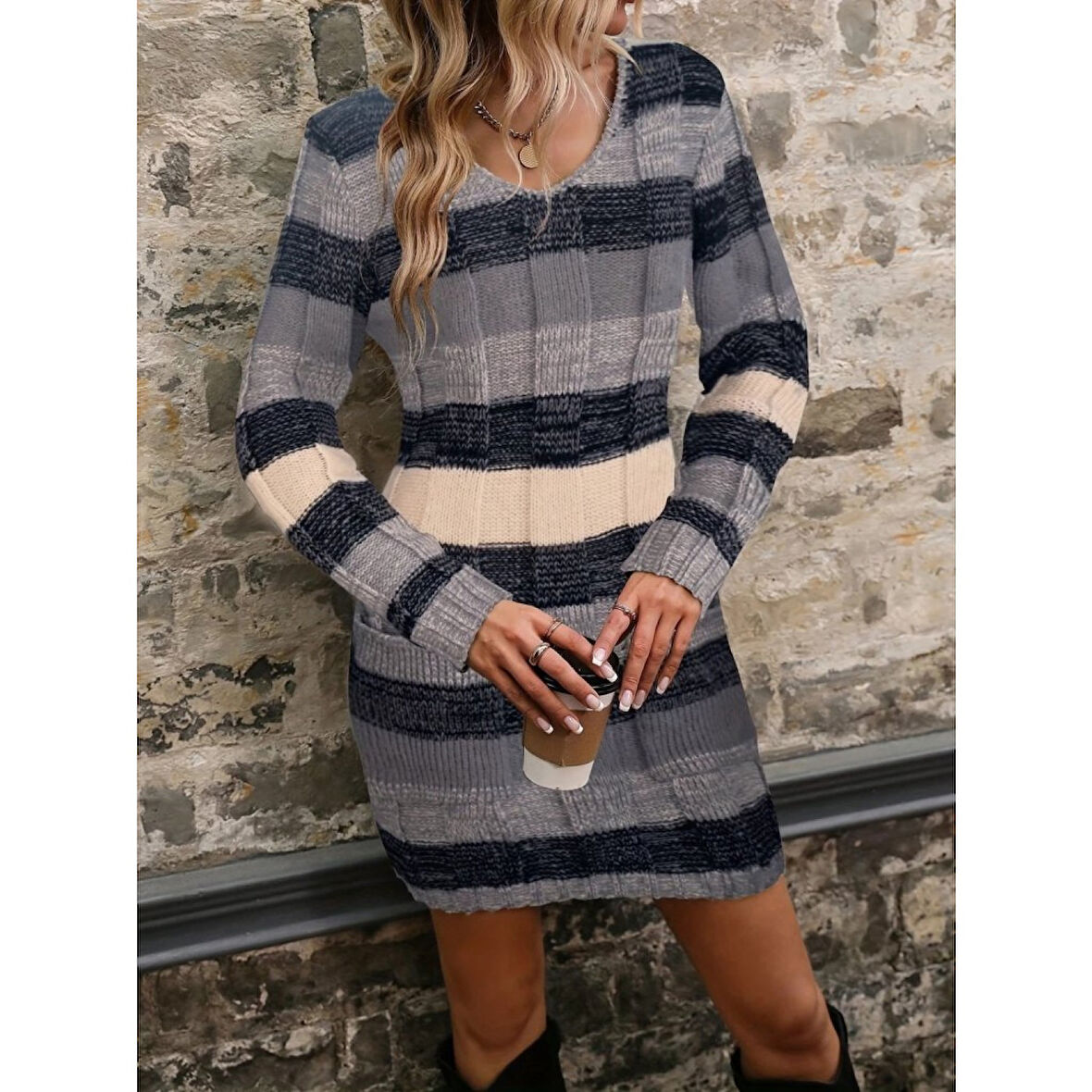 Lucky Life Kadın Uzun Kollu V Yakalı çizgili çok Renkli Triko Mini Elbise