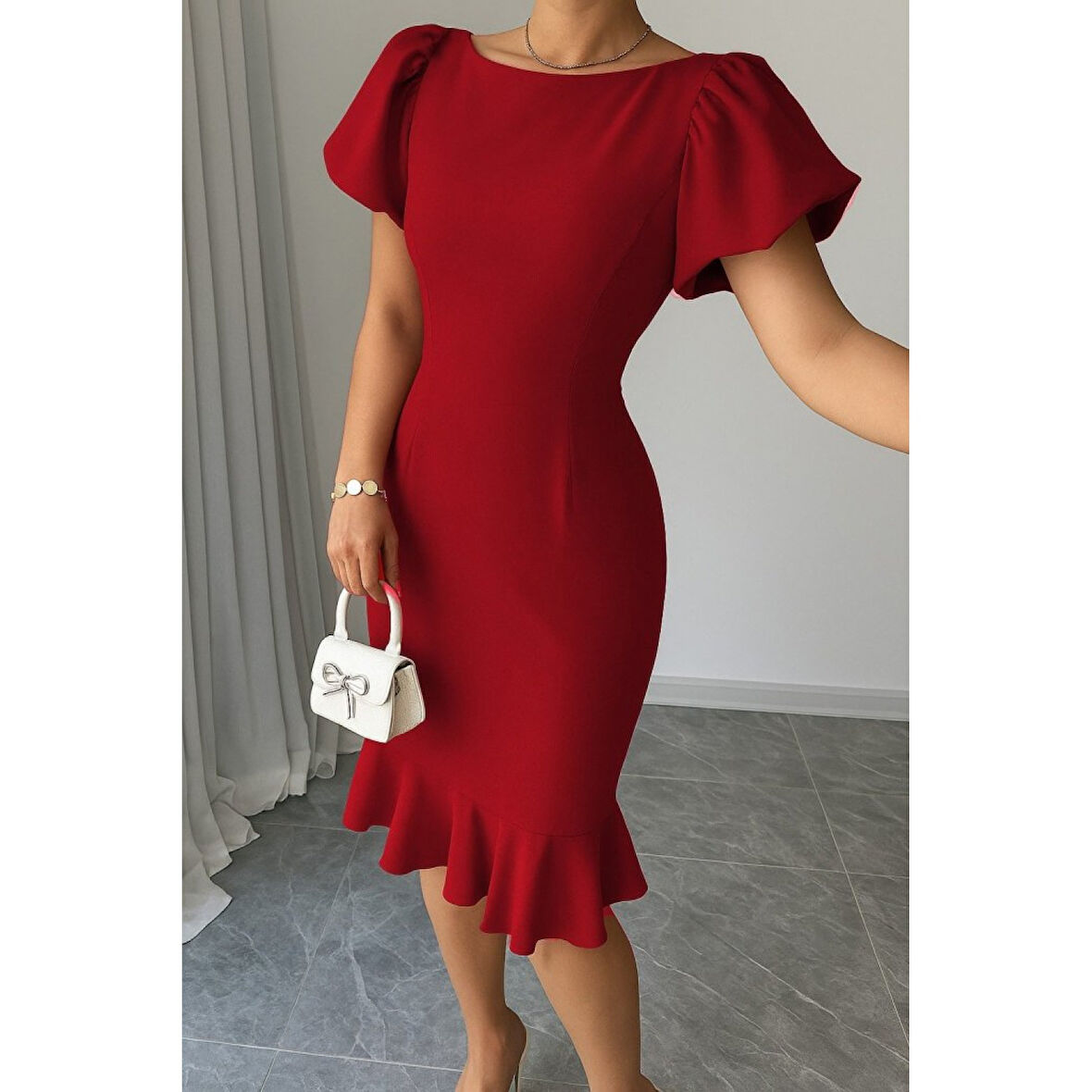 Lucky Life Kadın Kısa Kollu Yuvarlak Yaka Pileli Janjan Krep Elbise