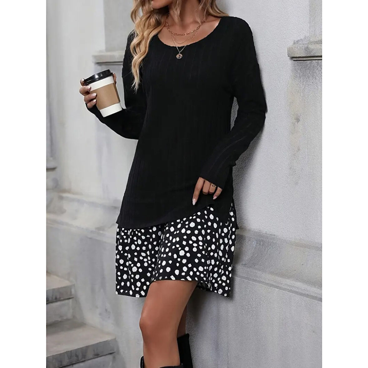 Lucky Life Kadın Uzun Kollu Bisiklet Yaka şardonlu Kaşkorse Bluz Ve Süprem Etek Elbise