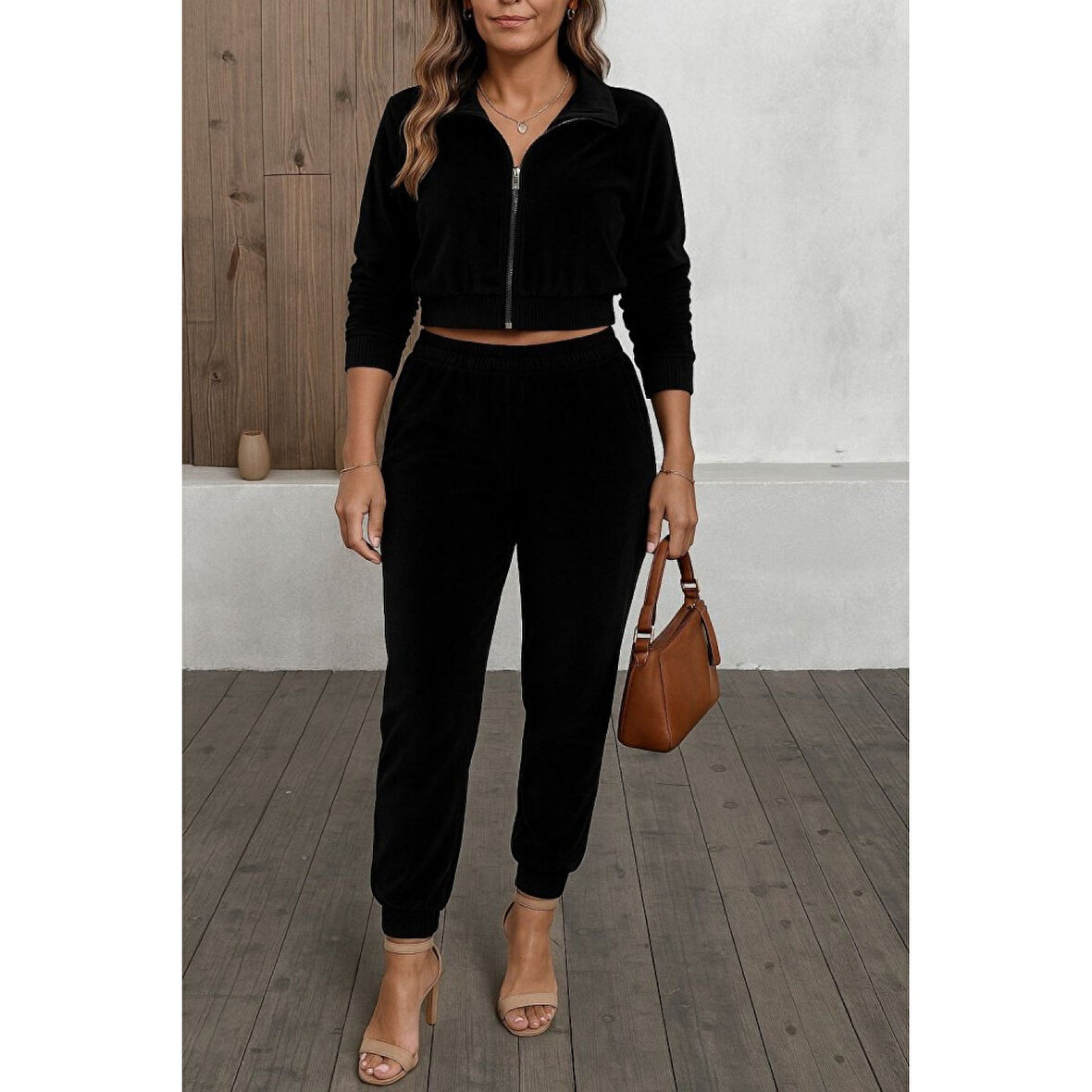 Lucky Life Kadın Uzun Kollu önden Fermuarlı Krop Kadife Ceket Ve Pantolon Ikili Takım