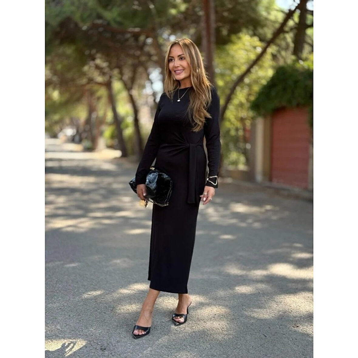 Lucky Life Kadın Uzun Kollu Bisiklet Yaka Yandan Bağlamalı Uzun Modal Elbise