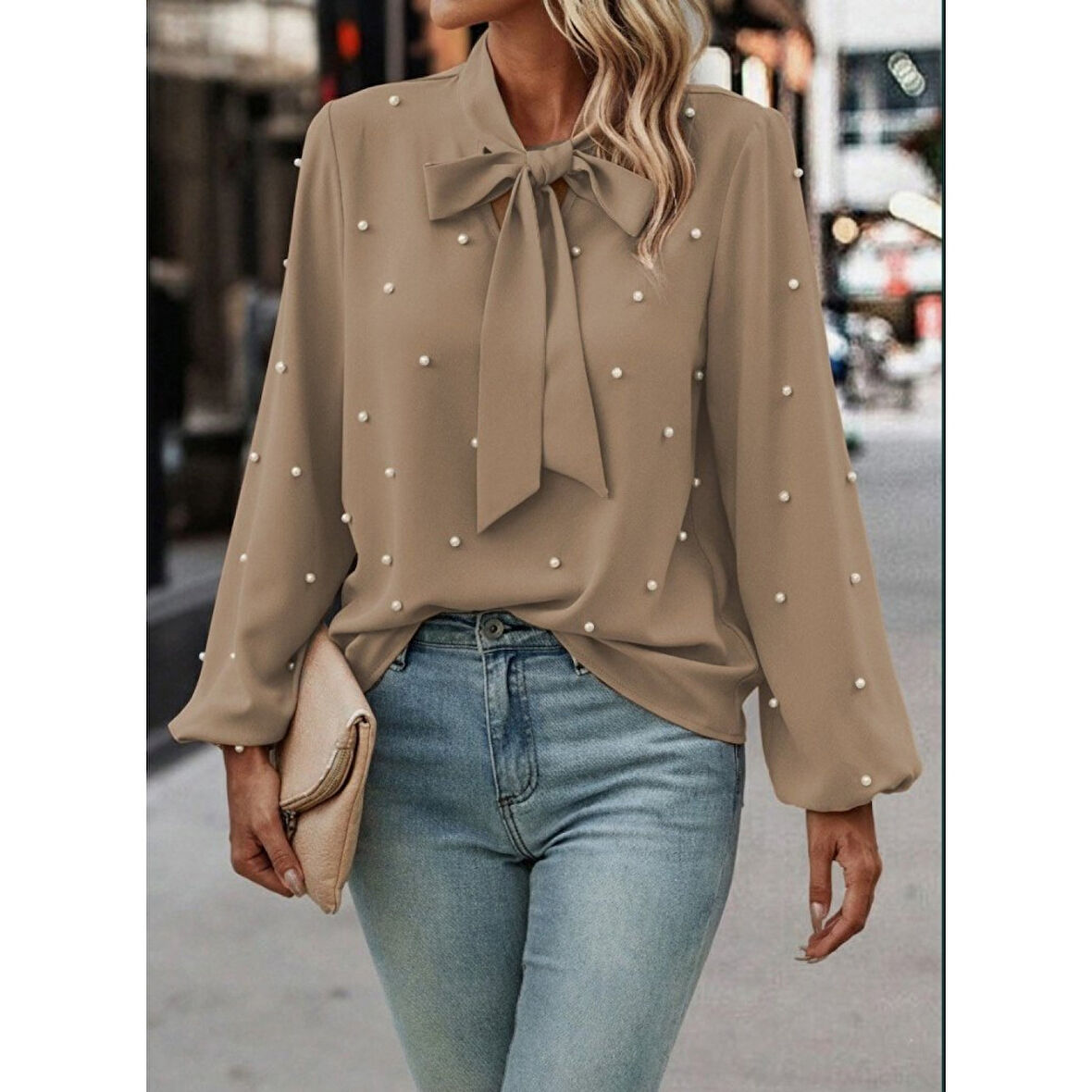 Lucky Life Kadın Uzun Kollu Yakadan Fiyonklu Incili Ithal Krep Bluz