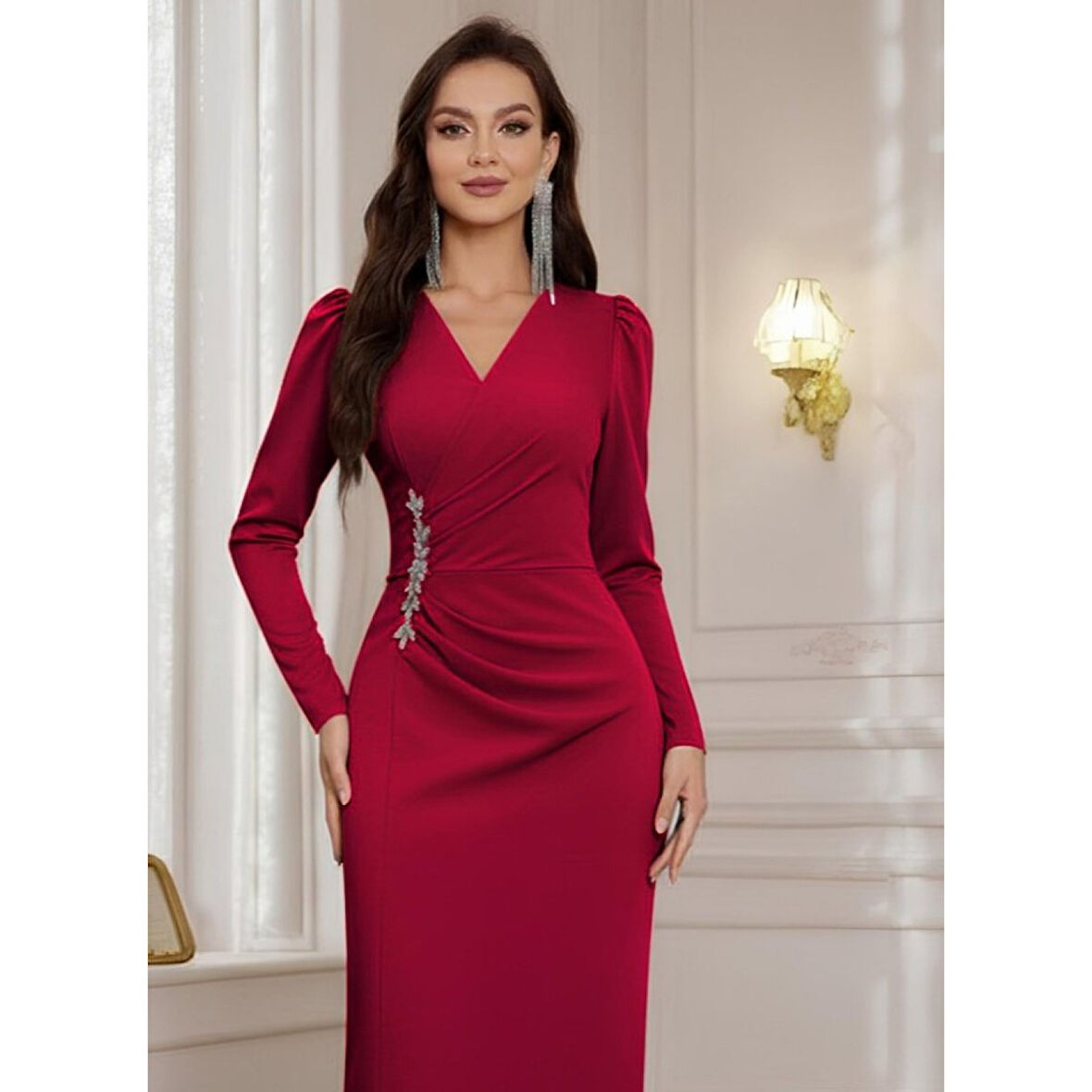 Lucky Life Kadın Uzun Kollu Kruvaze Yakalı Yanları Taşlı Yırtmaçlı Uzun Ithal Krep Elbise