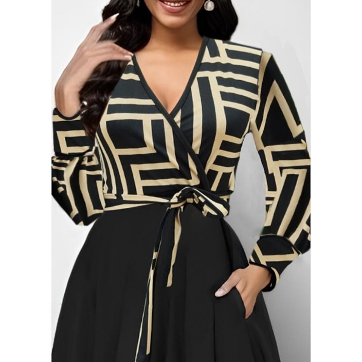 Lucky Life Kadın Uzun Kollu Kruvaze Yaka Dalgıç Krep Midi Boy Elbise