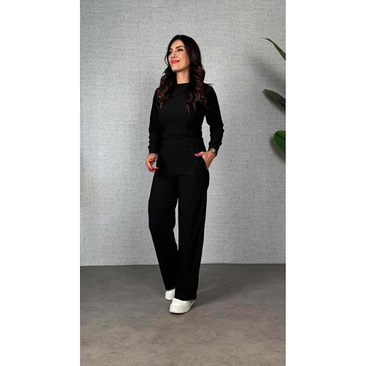 Lucky Life Kadın Uzun Kol Bisiklet Yaka Bürümcük Bluz Ve Pantolon Ikili Takım