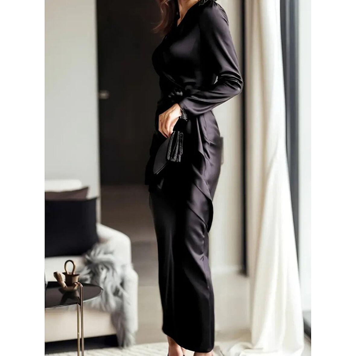 Lucky Life Kadın Uzun Kollu Kruvaze Yakalı Beli Kuşaklı Uzun Saten Elbise