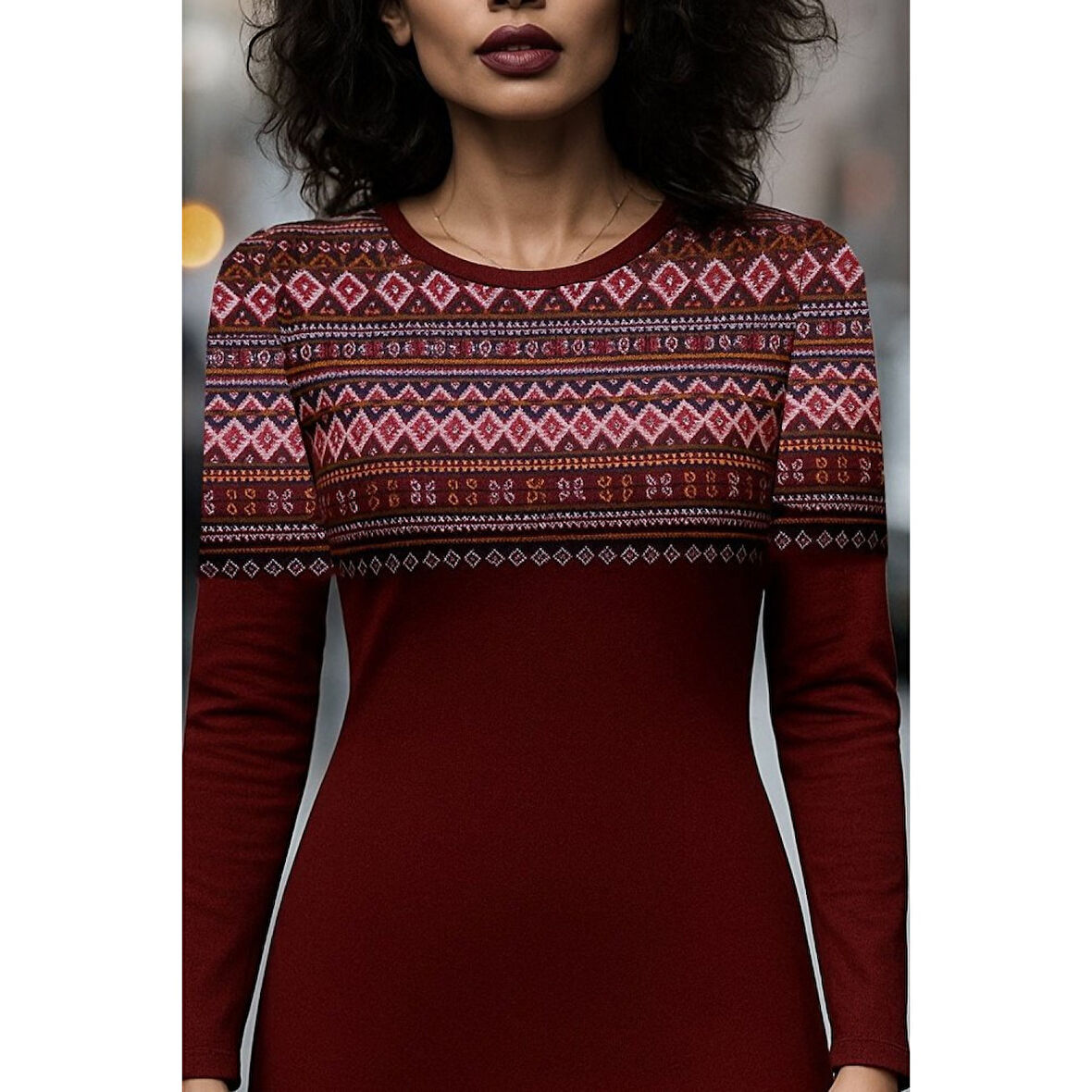 Lucky Life Lucky Life Kadın Uzun Kollu Bisiklet Yaka Etnik Desenli Kısa şardonlu Dalgıç Elbise