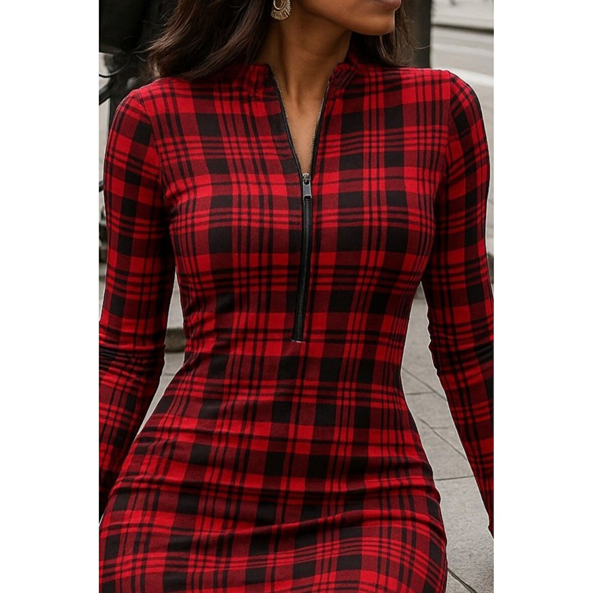 Lucky Life Kadın Uzun Kollu Fermuarlı Ekose Baskılı Dalgıç Elbise