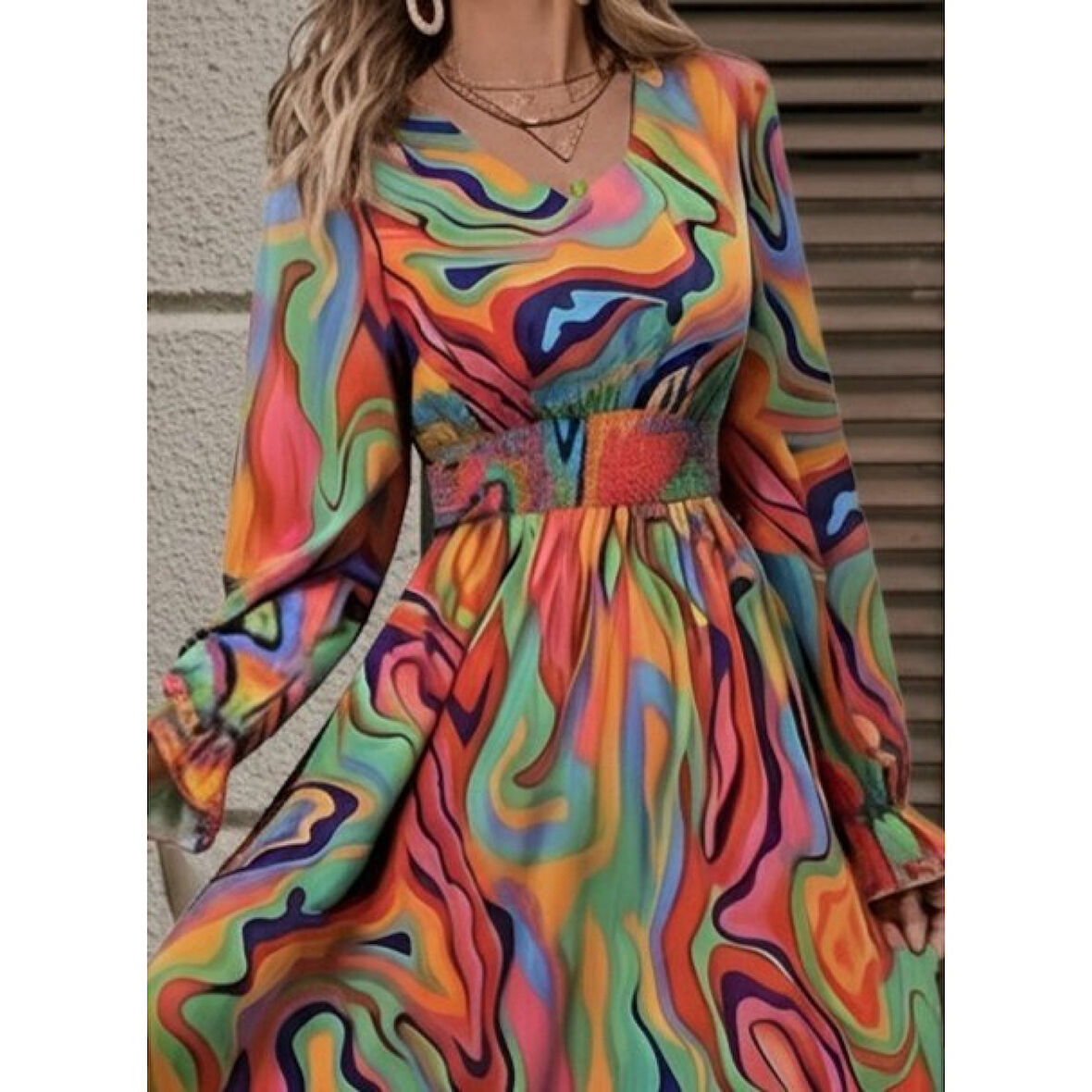 Lucky Life Kadın Uzun Kollu V Yakalı Desenli Maxi Süprem Elbise