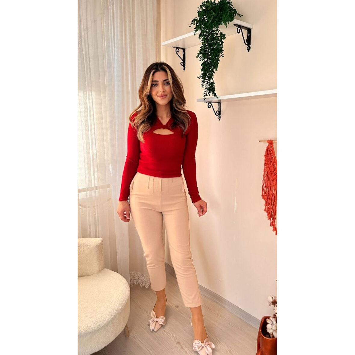 Lucky Life Kadın üste Oturan Paçası Bilek üzerinde Biten Atlas Kumaş Pantolon 36 (S) - 48 (4XL)