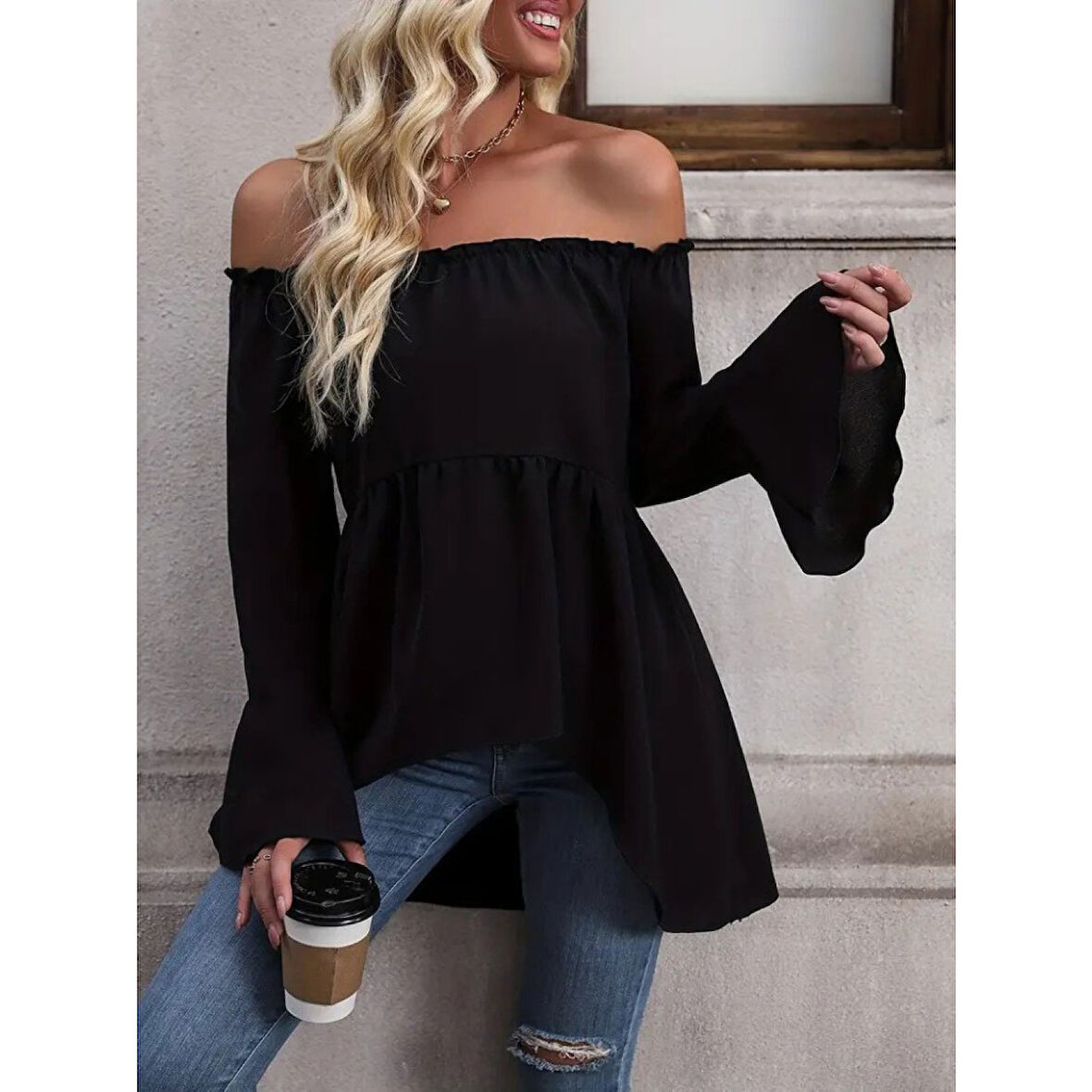 Lucky Life Kadın Uzun Kollu Madonna Yaka Asimetrik Detaylı Kolları Ispanyol Viskon Bluz