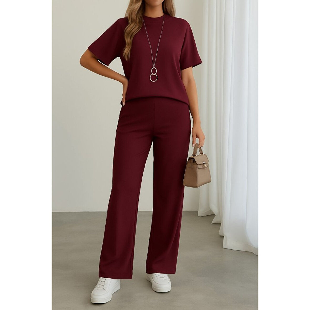 Lucky Life Kadın Kısa Kollu Bisiklet Yaka Omuzdan Düğmeli Viskon Iki Iplik Kısa Bluz Ve Pantolon Ikili Takım