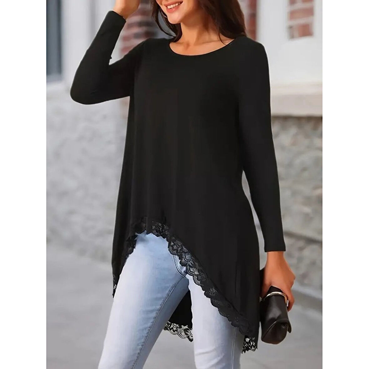 Lucky Life Kadın Uzun Kollu Bisiklet Yaka Asimetrik Kesim Detaylı Dantelli Viskon Bluz