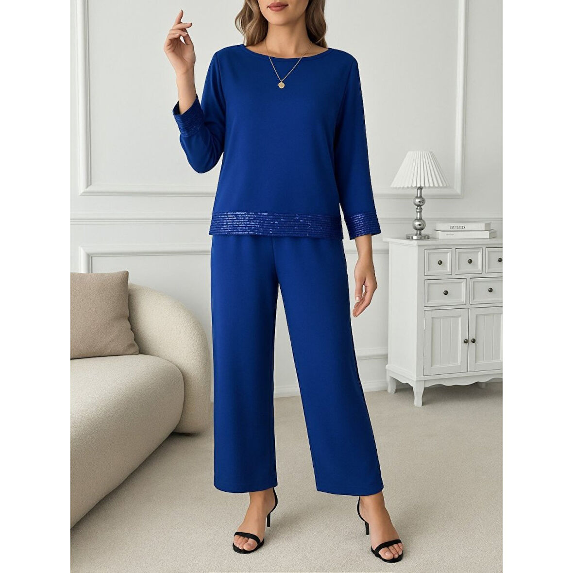 Lucky Life Kadın Uzun Kollu Bisiklet Yaka Pulpayetli Viskon Iki Iplik Bluz Ve Pantolon Ikili Takım