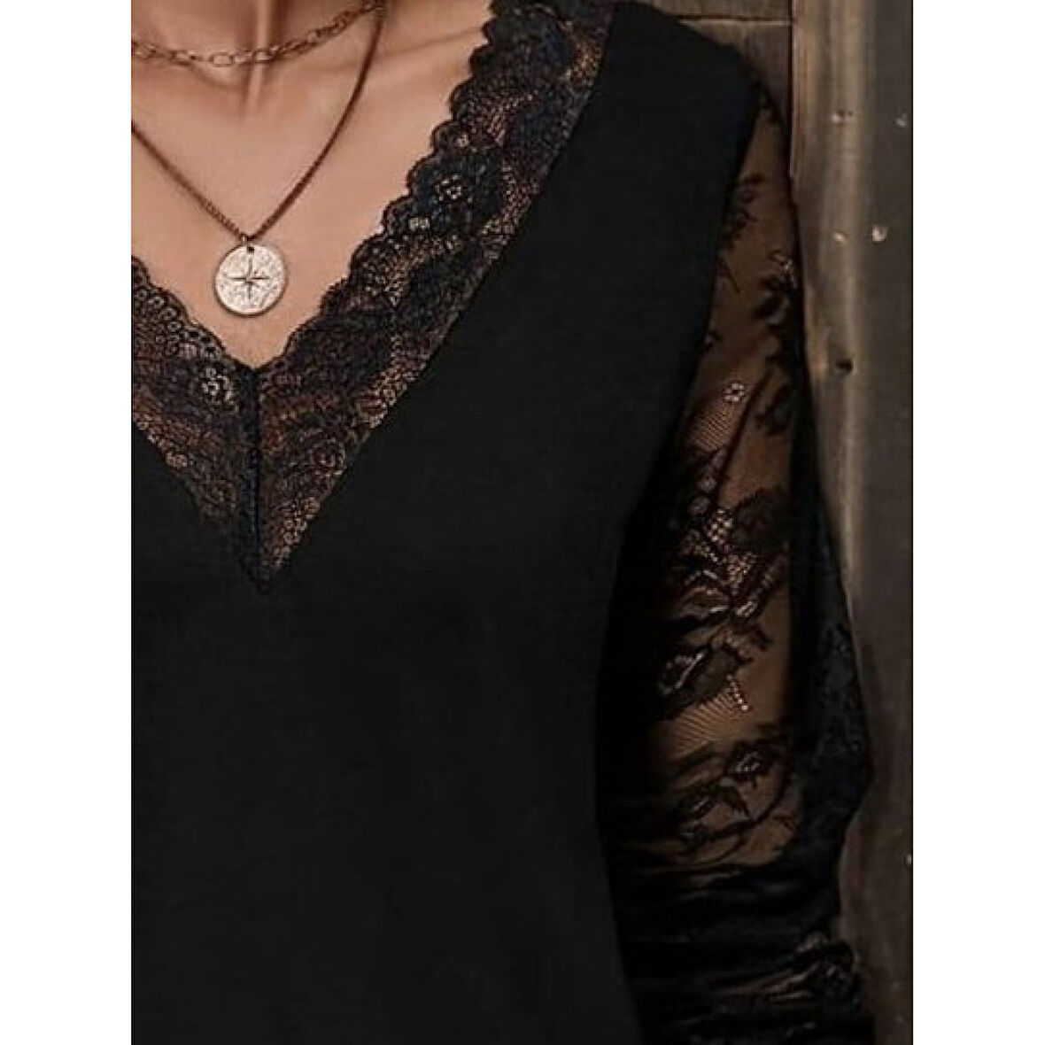 Lucky Life Kadın Uzun Kollu V Dantel Yakalı Viskon Bluz