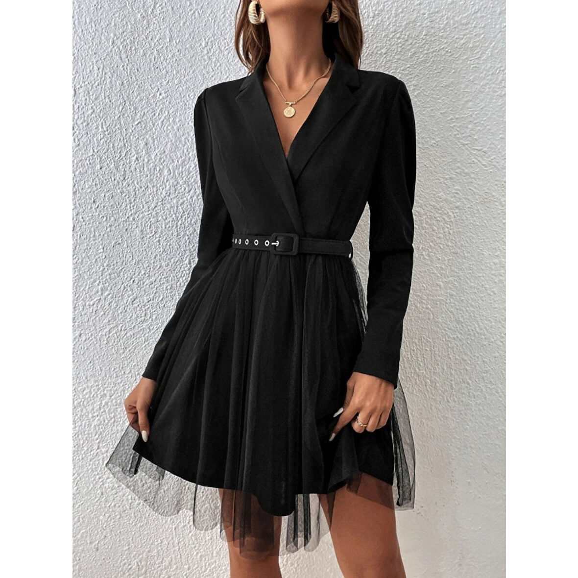 Lucky Life Kadın Uzun Kollu Yakalı Belinde Kemer Detaylı Mini Tüllü Ithal Krep Elbise