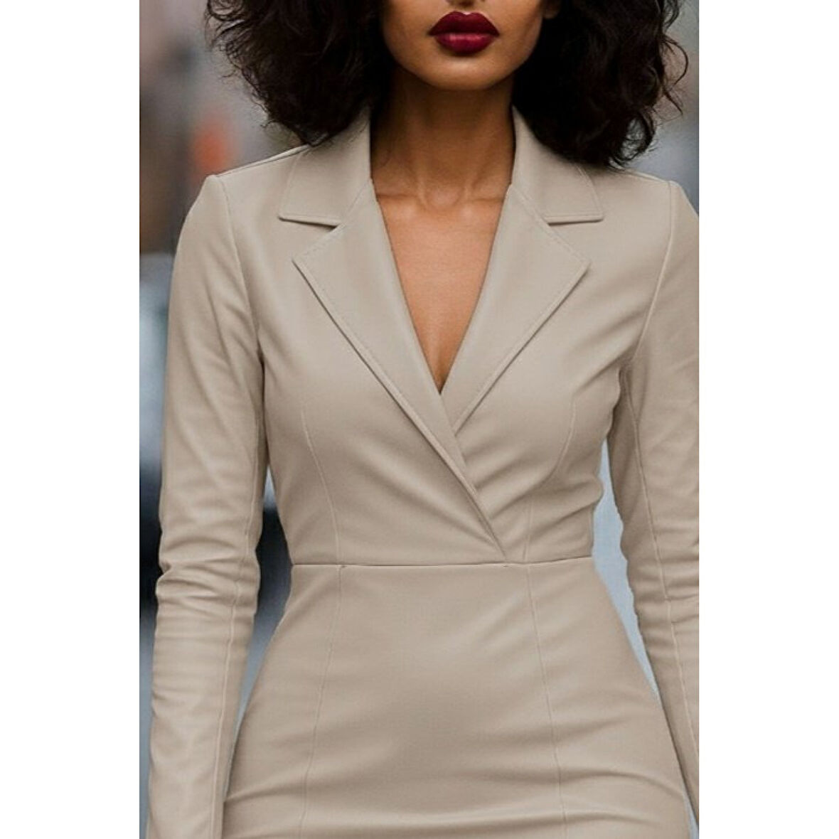 Lucky Life Kadın Uzun Kollu Yakalı Mini Deri Elbise