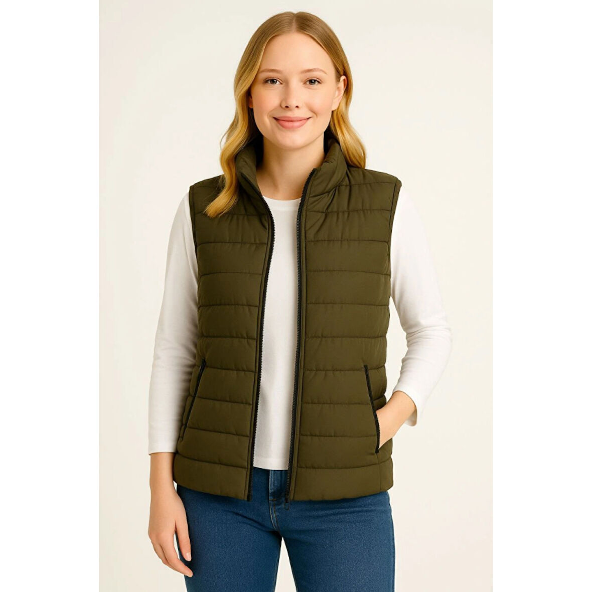 Lucky Life Kadın Şişme FermuarlıYelek Su Itici Kapitone Astarlı Kumaş Cepli Hafif Kışlık Spor Rahat Kalıp - Haki