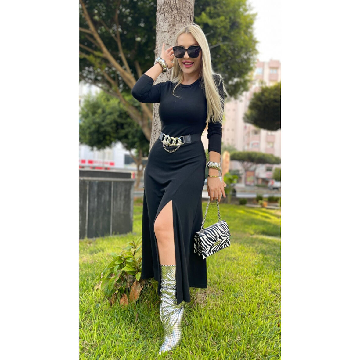 Lucky Life Kadın Uzun Kollu Bisiklet Yaka Yırtmaçlı Kemerli Uzun çilek Elbise