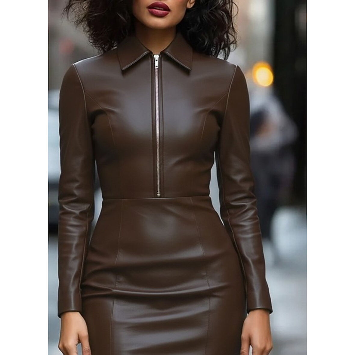 Lucky Life Kadın Uzun Kollu Yakalı Fermuarlı Mini Deri Elbise