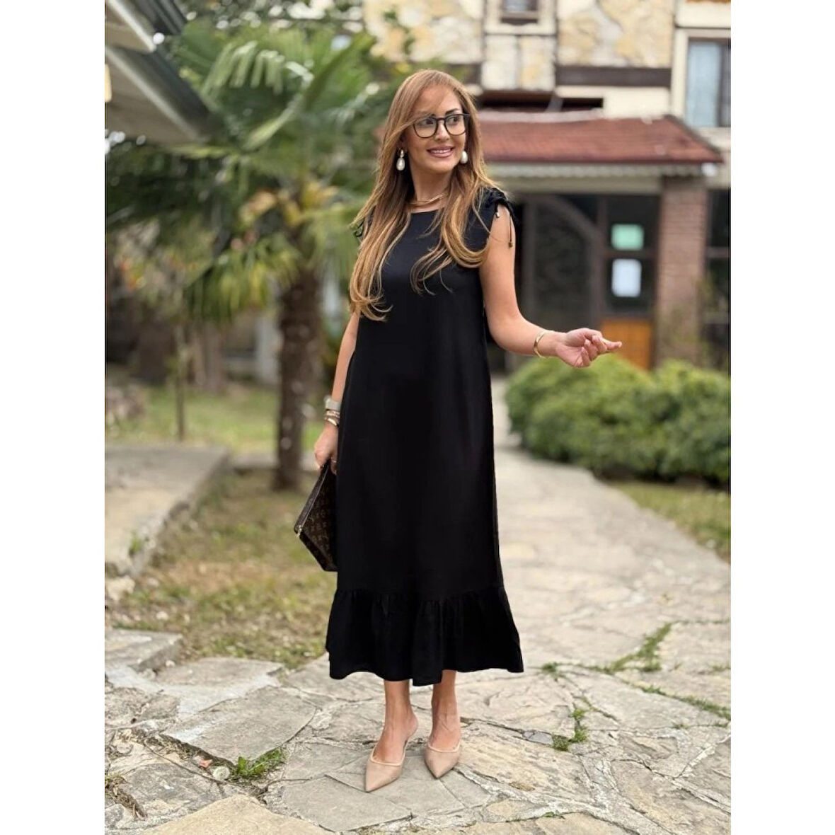 Lucky Life Kadın Omuzlardan Büzgülü Kayık Yaka Fırfırlı Janjan Krep Elbise