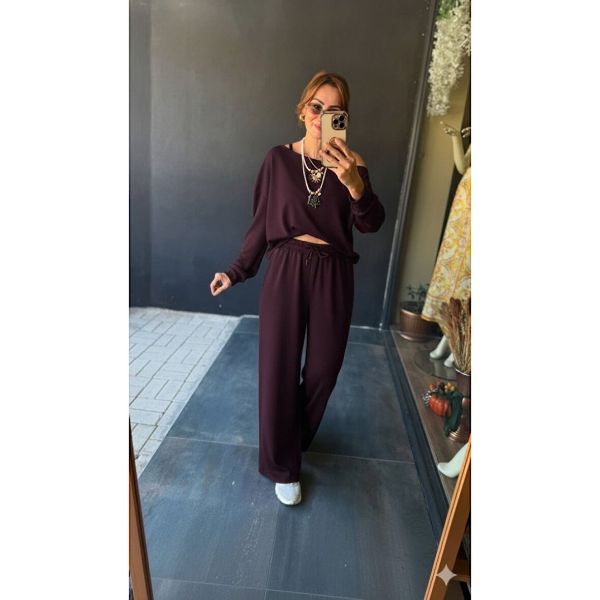 Lucky Life Kadın Uzun Kollu Tek Omuzdan Açık Viskon Iki Iplik Bluz Ve Pantolon Ikili Takım