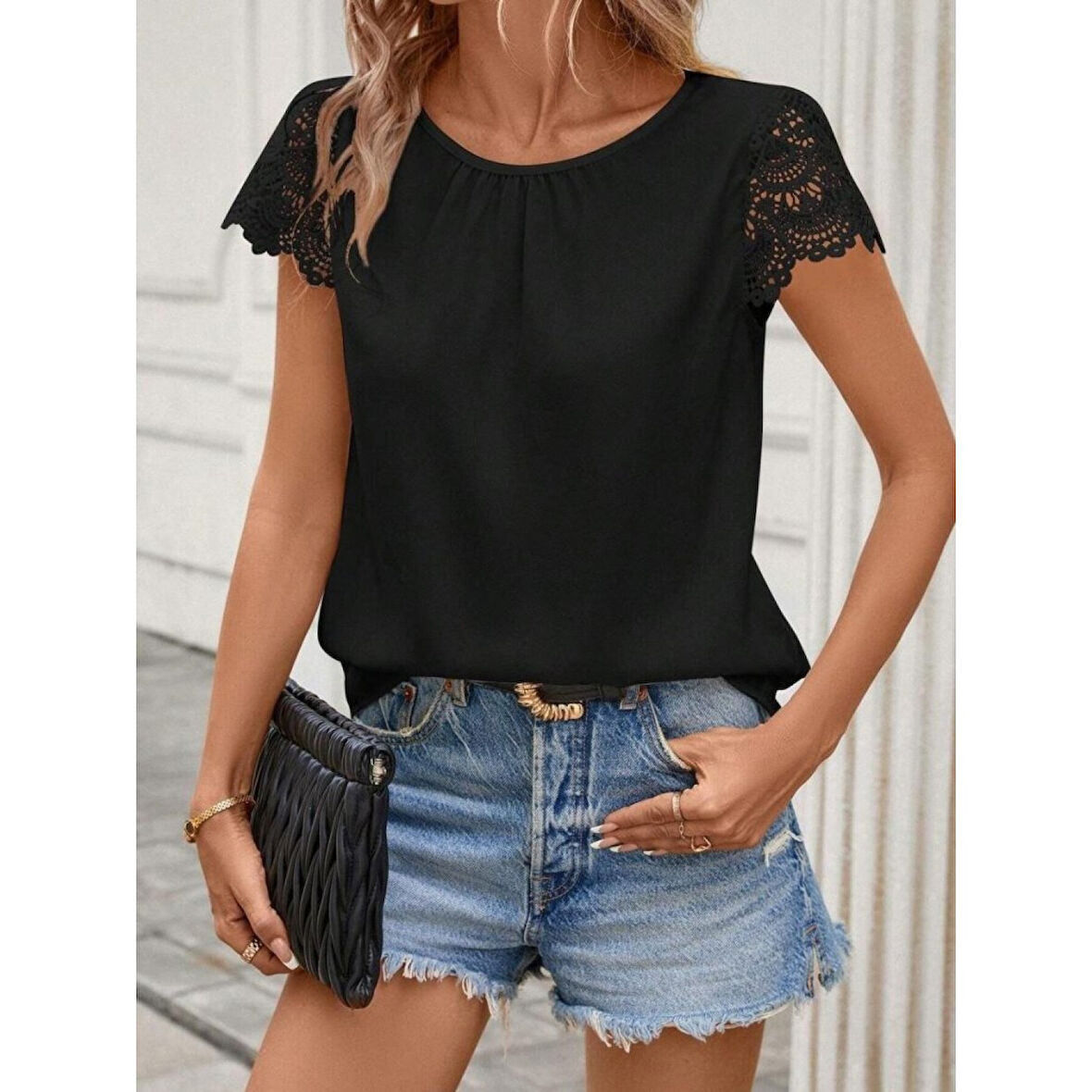Lucky Life Kadın Kısa Dantel Kollu Bisiklet Yaka Sandy Bluz