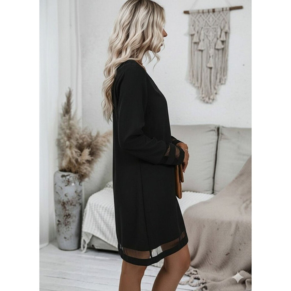 Lucky Life Kadın Uzun Kollu V Yakalı Tül şerit Detaylı Mini Krep Elbise